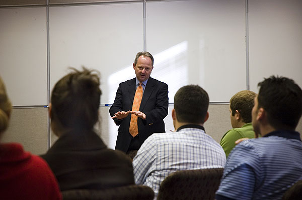 Mike Hamilton talks to students