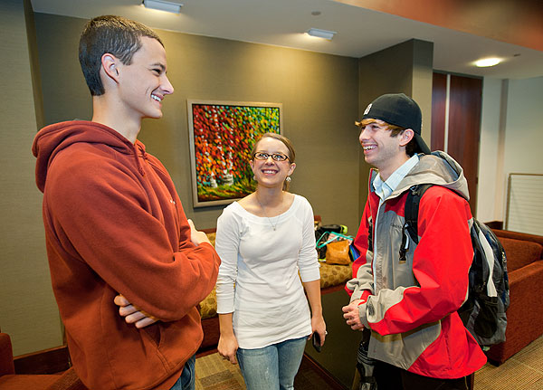 Students talk in Union before class