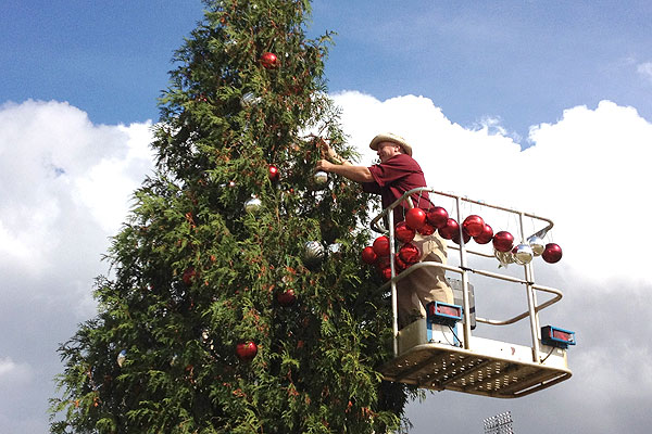 Installing Christmas ornaments on tree at Junction