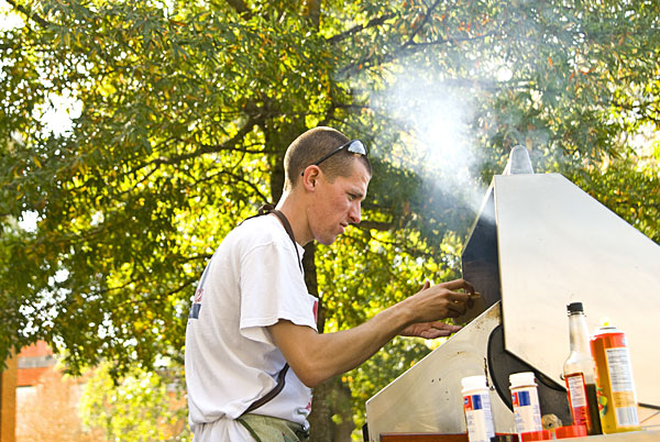 Grilling burgers on the Drill Field