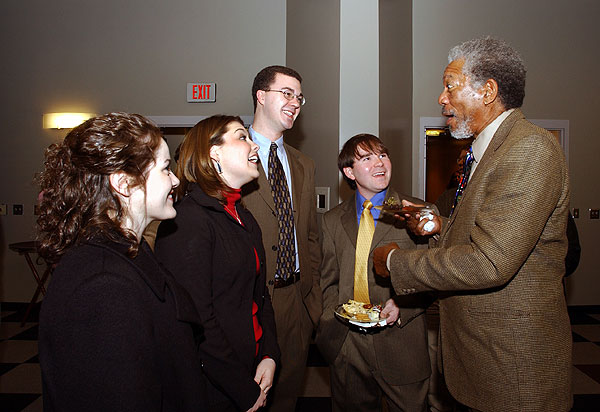 Morgan Freeman talks with students at the DOI exhibit