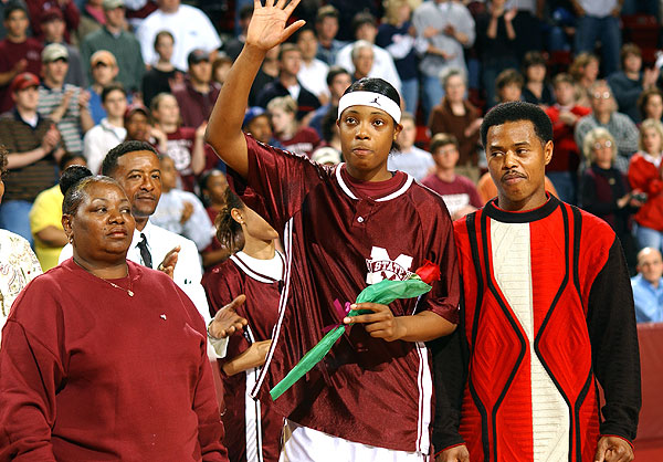 LaToya Thomas waves to fans at last home game