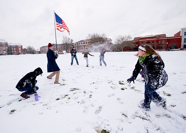 Snow fight breaks out on Drill Field