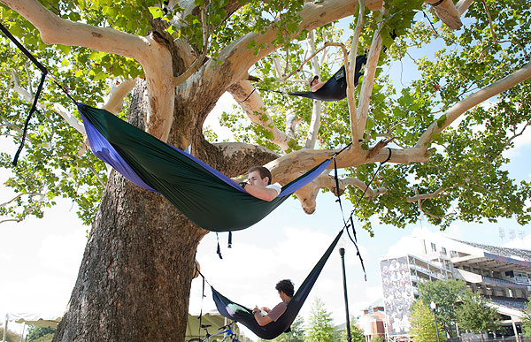 Student in hammocks relaxing at the Junction