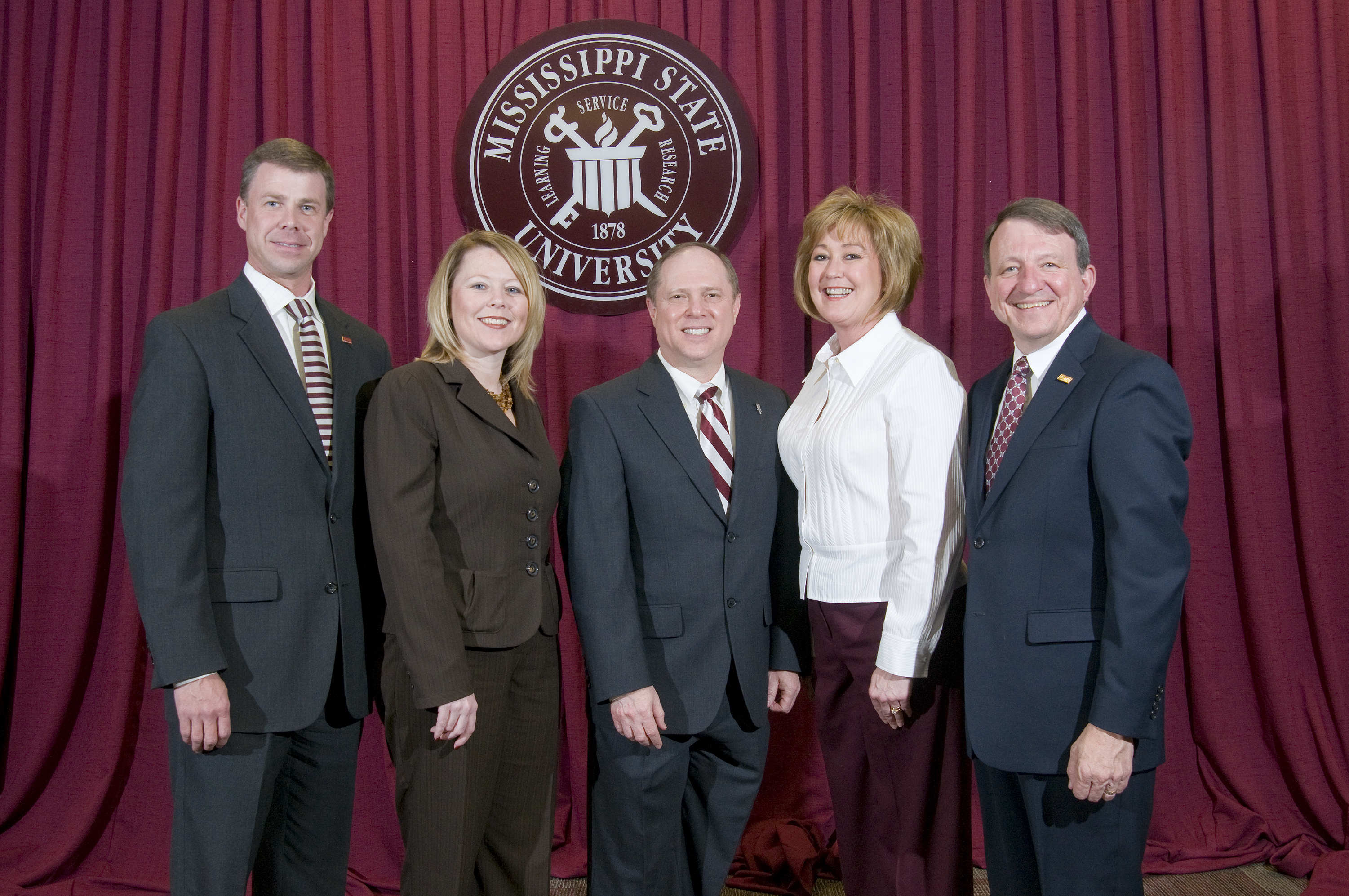 Leading the MSU Alumni Association, officers are (from left) Jerry Toney, second vice president; Jodi White Turner, treasurer; Charles Cascio, president; Karen Dugard Lawler, first vice president; and A. D. Hunt, immediate past president.