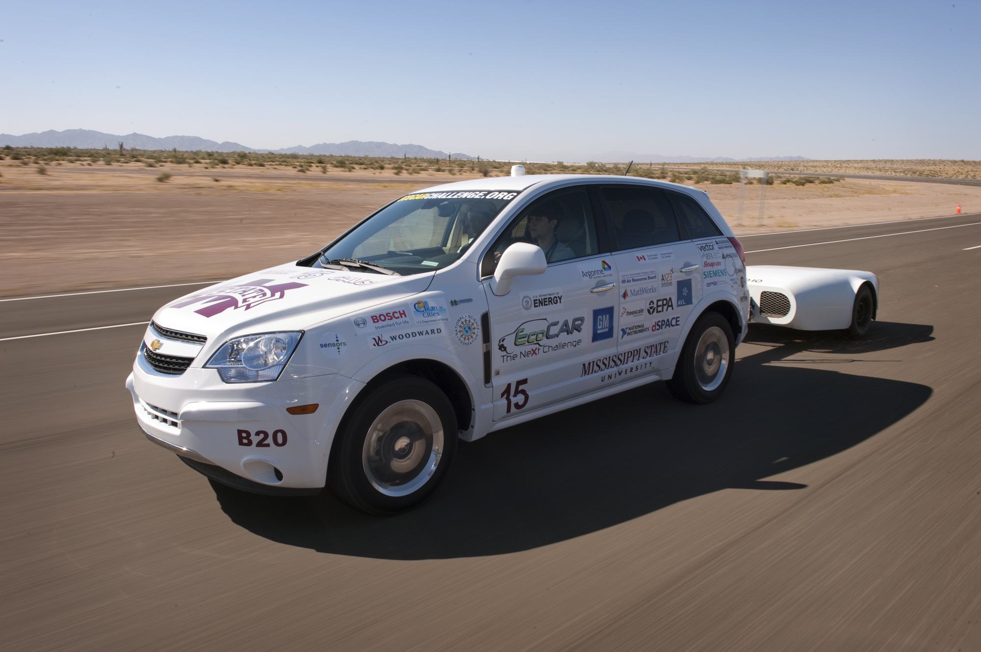 MSU's award-winning EcoCAR tows test equipment during the California competition.