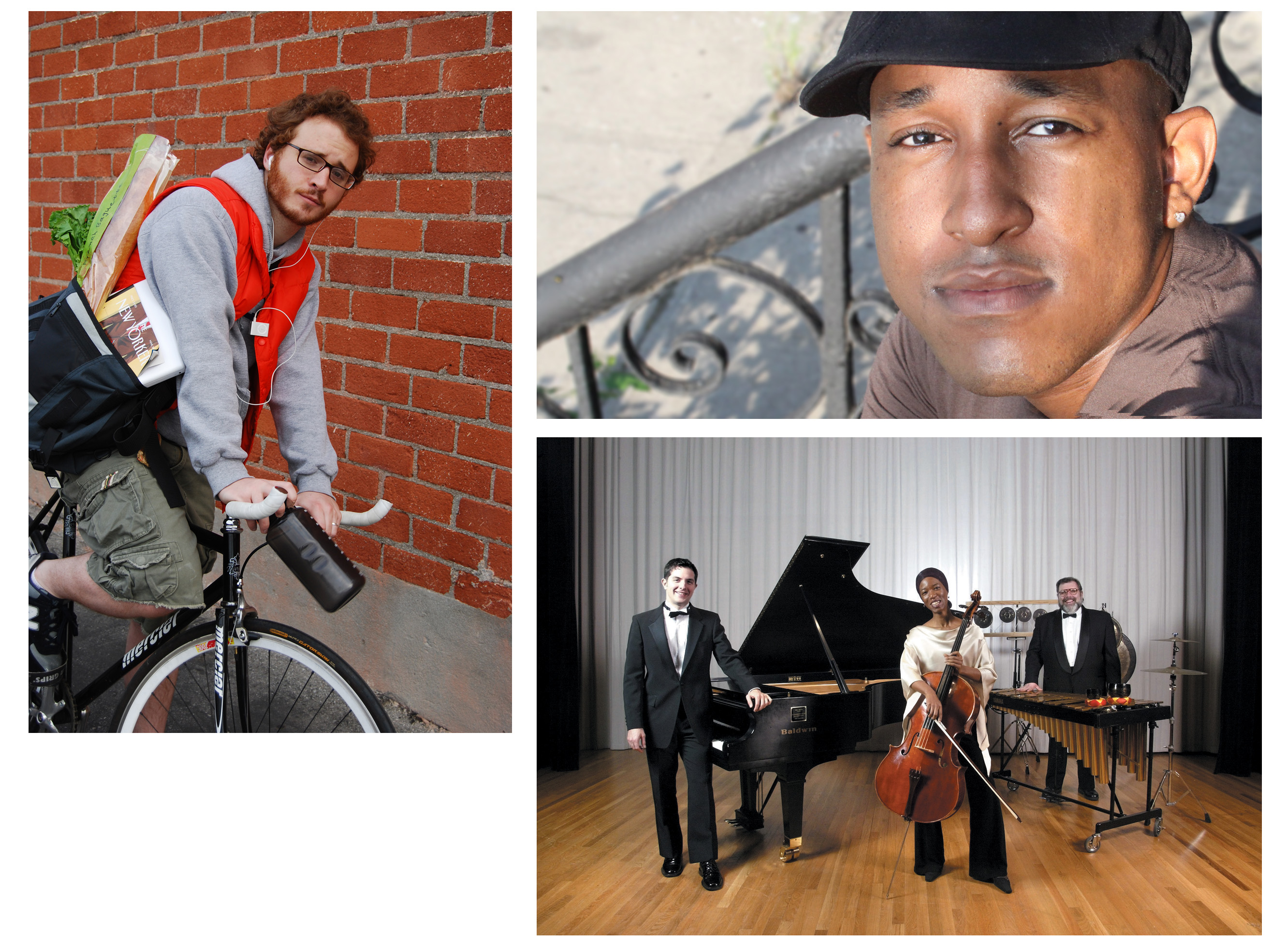 Clockwise, Christian Lander, Elon James White, and the on-stage trio for the Core Ensemble Chamber Music Theater