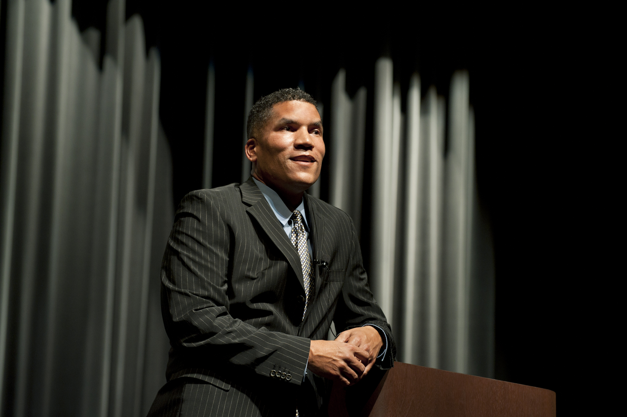 Paxton Baker, executive vice president and general manager of CENTRIC, a channel with Black Entertainment Television, talks candidly with students about education, relationships and personal success during his visit to Mississippi State Feb. 24. Baker also is founding partner and minority owner of the Washington Nationals baseball team. 