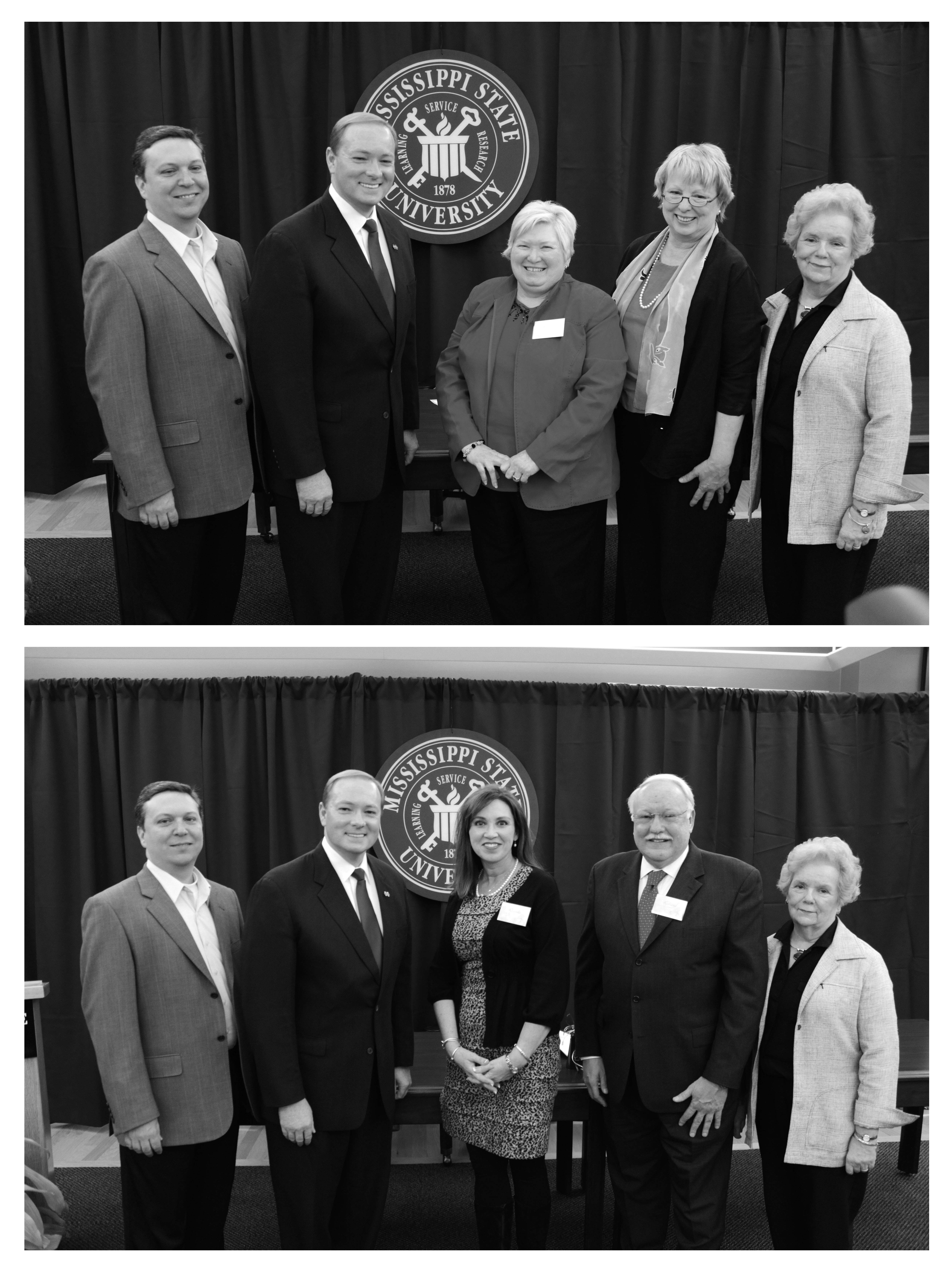 Top photo: Stephen Cunetto, MSU Libraries administrator of systems; MSU President Mark Keenum; Clara Gilmer, board of directors president for Columbus-Lowndes Public Library System; Alice Shands, director of the Columbus-Lowndes Public Library System; and Frances Coleman, dean of MSU Libraries.</p><br />
<p>Bottom photo: Stephen Cunetto, MSU Libraries administrator of systems; MSU President Mark Keenum; Rhonda Porter, Mid-Mississippi Regional Library System trustee; Richard Greene, executive director of Mid-Mississippi Regional Library System; and Frances Coleman, dean of MSU Libraries.<br /><br />
