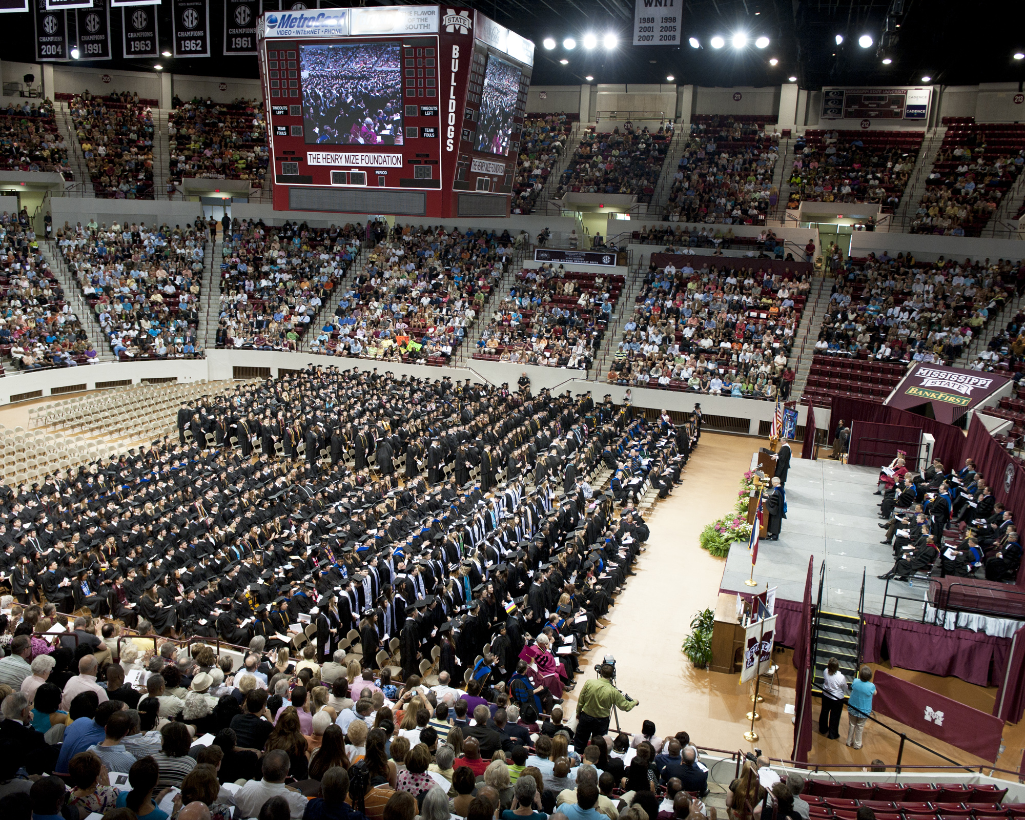 Nearly 2,400 Mississippi State students were candidates for spring-semester diplomas. The university held two commencement programs, one Friday night [April 29] and one Saturday morning.