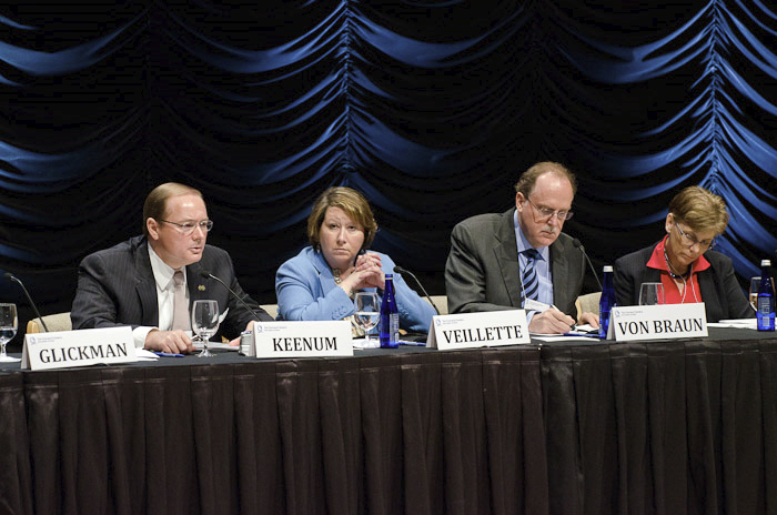 MSU President Mark E. Keenum, left, joined other panelists recently at a Global Agricultural Development symposium that addressed U.S. progress on worldwide food security.  Courtesy, Chicago Council on Global Affairs