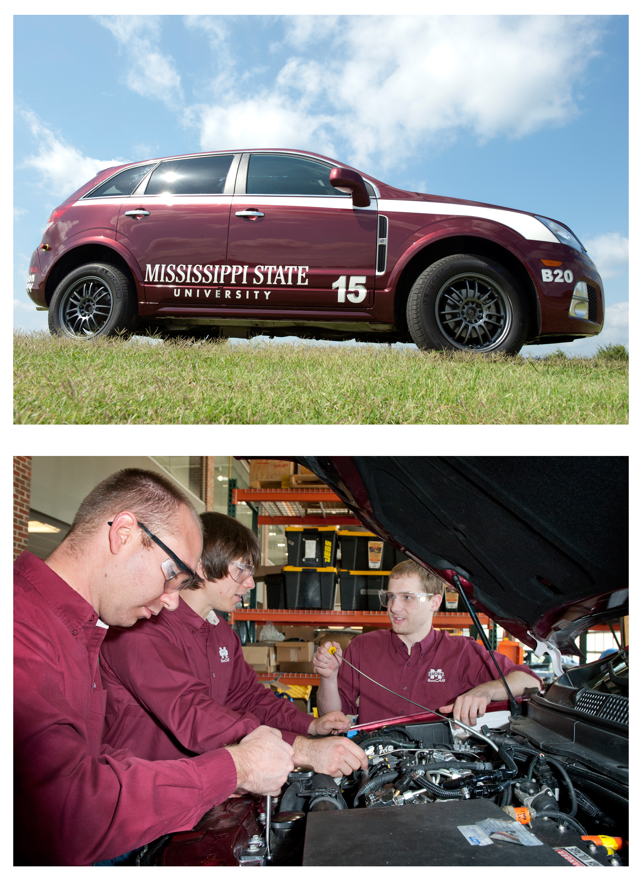 Top, MSU's EcoCar; and leaders of MSU's EcoCar team include, left to right, Matthew Doude, team leader; Jonathan Moore, electrical group; and Josh Hoop, battery integration.