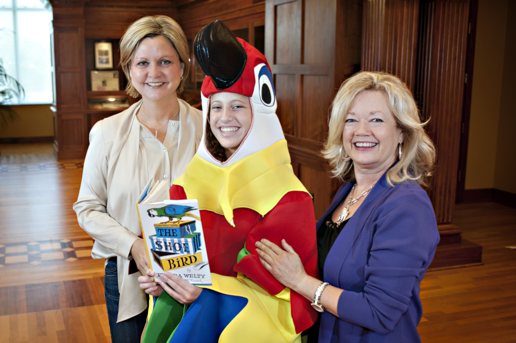 MSU first lady Rhonda Keenum, left, Molly Chamblee of Pontotoc, and 4-H youth development specialist Linda Mitchell are part of this year's Maroon Edition Youth Project. A Pontotoc High School ninth-grader, Chamblee will play the role of a parrot during her 4-H drama team's presentation of Eudora Welty's "The Shoe Bird." 