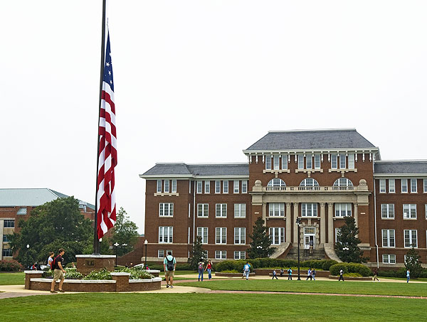 The Drill Field flag at half-staff in memory of those lost and injured in the Sept. 11, 2001, terrorist attacks on New York City and Washington as well as our brave military members.