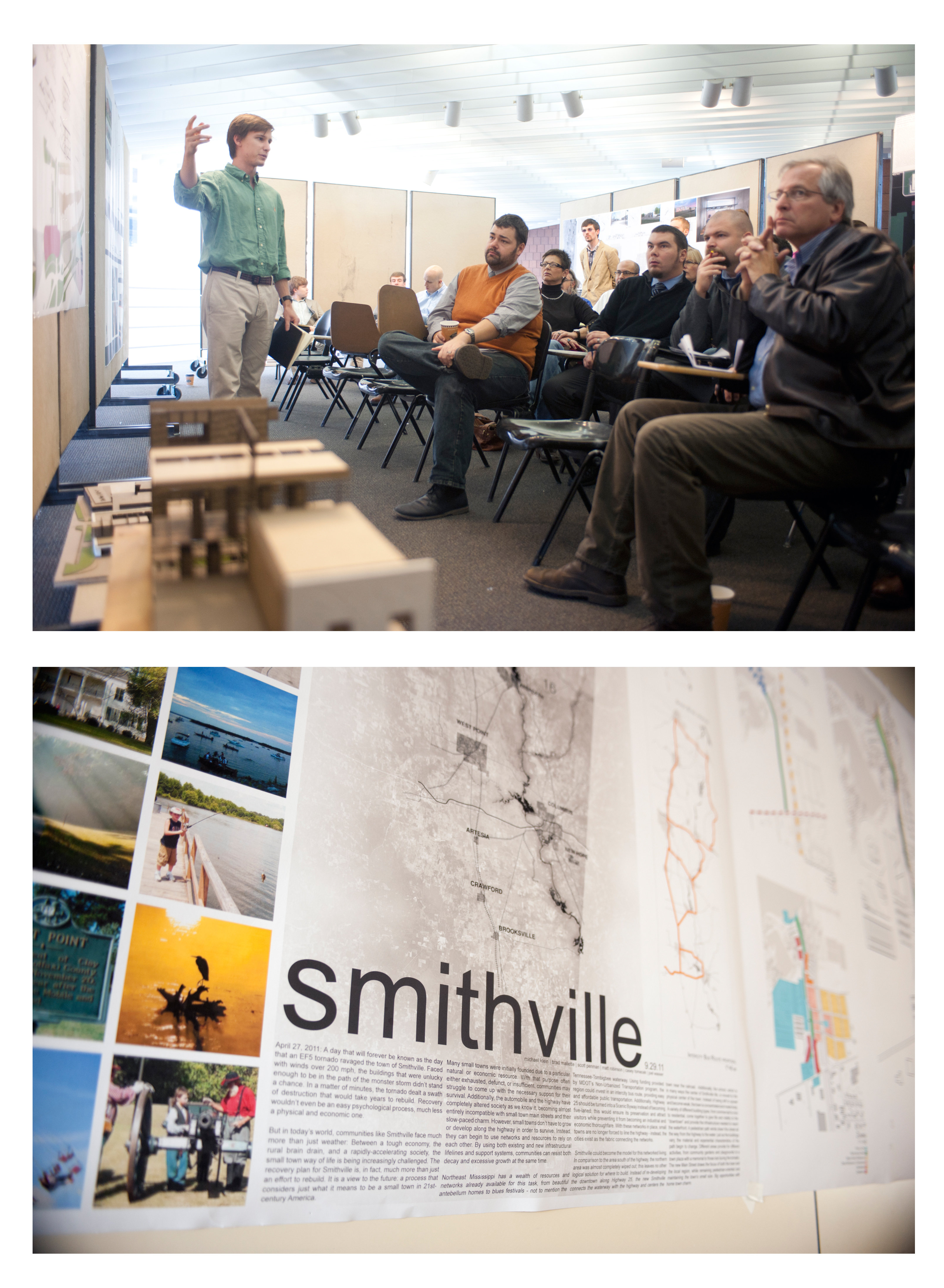 MSU architecture student Walter King explains his team's municipal complex design choices to the professors, fellow students and members of the Smithville community in attendance. MSU students have spent the past few months examining rebuilding the tornado-damaged town.