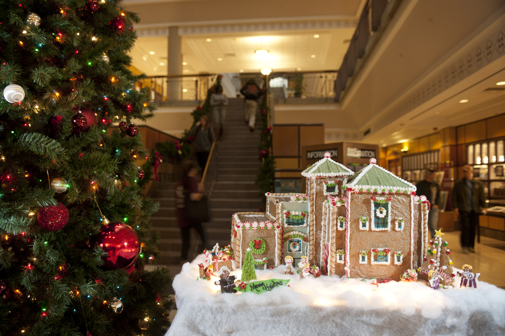 A gingerbread replica of Mitchell Memorial Library graced the entryway as MSU students prepared for final exams prior to the semester's end.