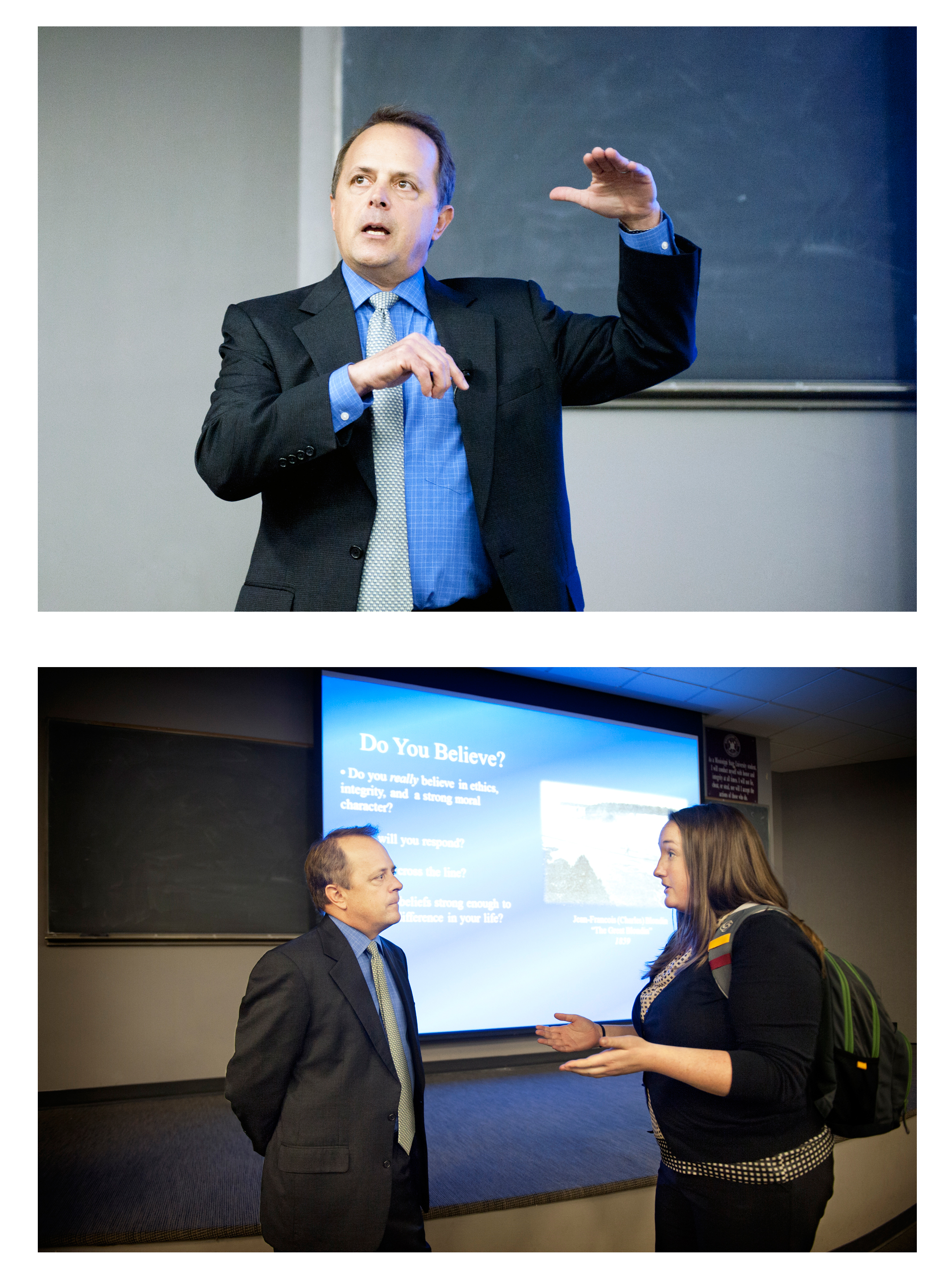 Weston Smith (top and below left) speaks with Kate Kennedy, a graduate student in the master of professional accountancy program. 