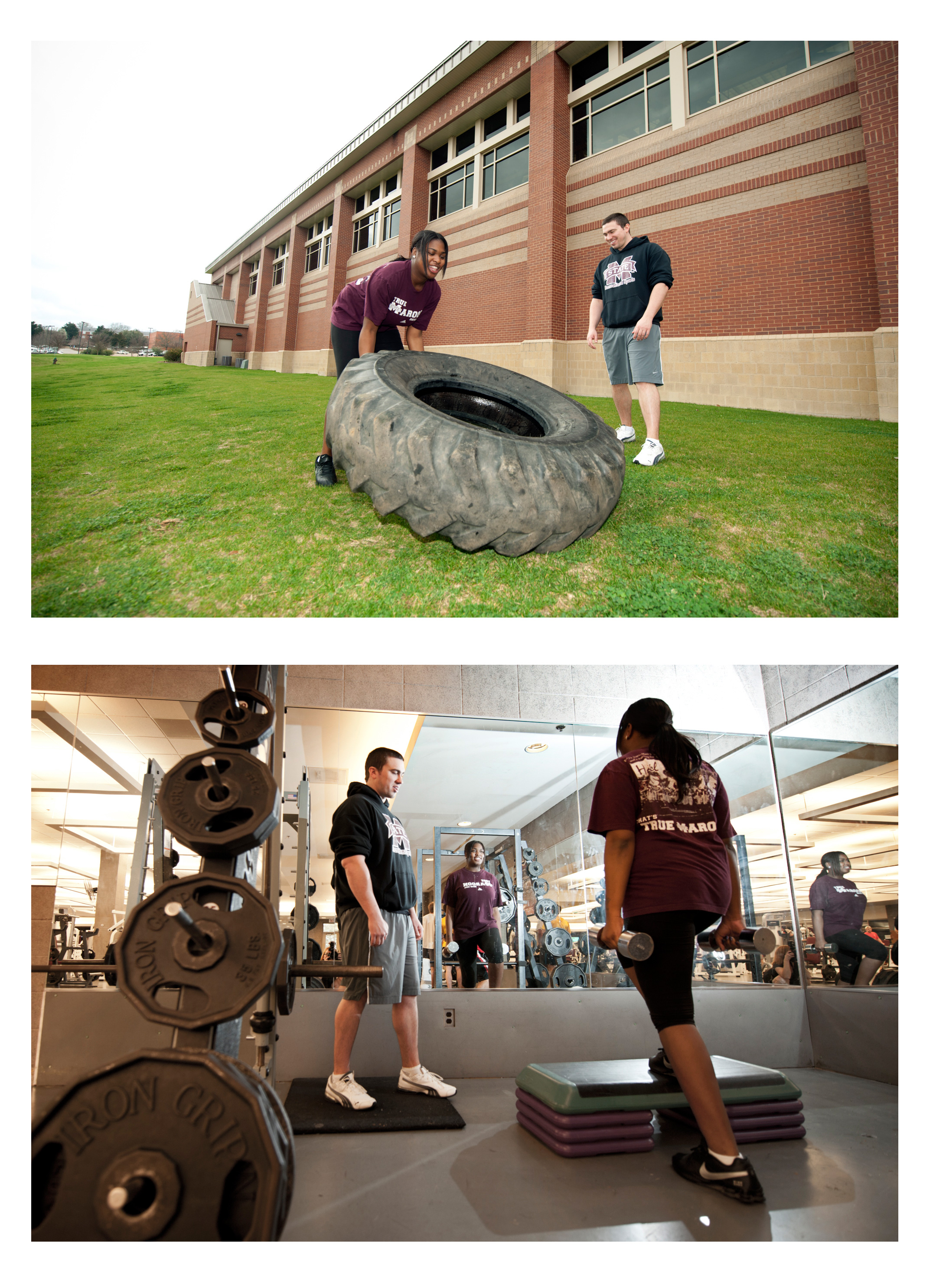 Top photo: Sherika Wheeler lifts a tractor tire as personal trainer Justin McKenzie gives her encouragement; bottom photo: Wheeler, with McKenzie, goes through a workout routine in the Sanderson Center weight room.<br /><br />
