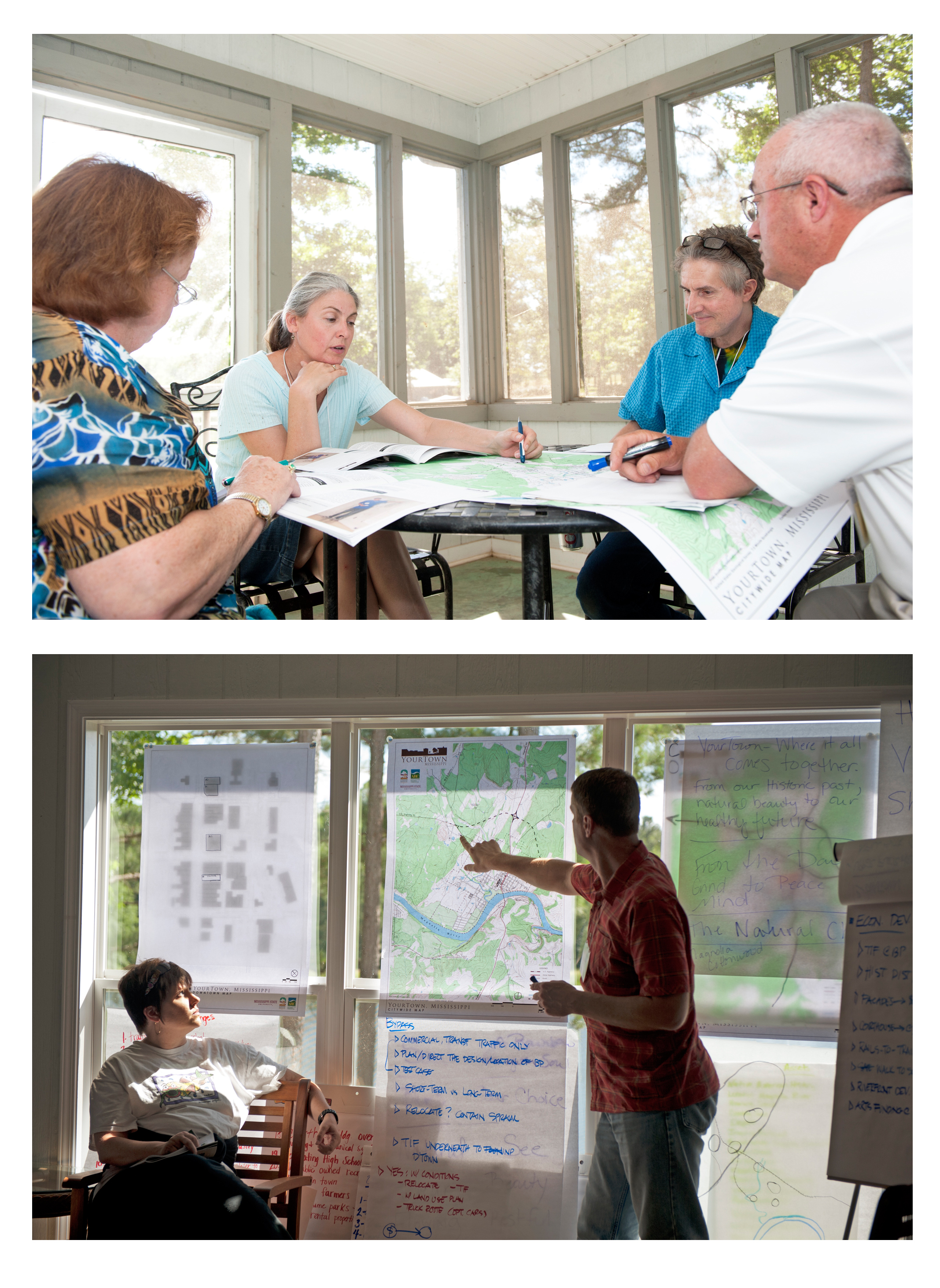 TOP PHOTO: Vicki Rigby (from left) of Plantersville, Karen Ott-Mayer of Como, Gary Phillips of Iuka, and Bill Lyle of Amory put their heads together for community development problem solving as they consider issues impacting the fictitious YourTown, Mississippi during a group exercise. </p><br />
<p>BOTTOM PHOTO: Allison Winstead of the Mississippi Arts Commission and Randy Wilson of Community Design Solutions facilitate an exercise during the YourTown, Mississippi Workshop at Lake Tiak O'Khata. The interactive sessions focused on community development using basic design and planning principles.<br /><br />
