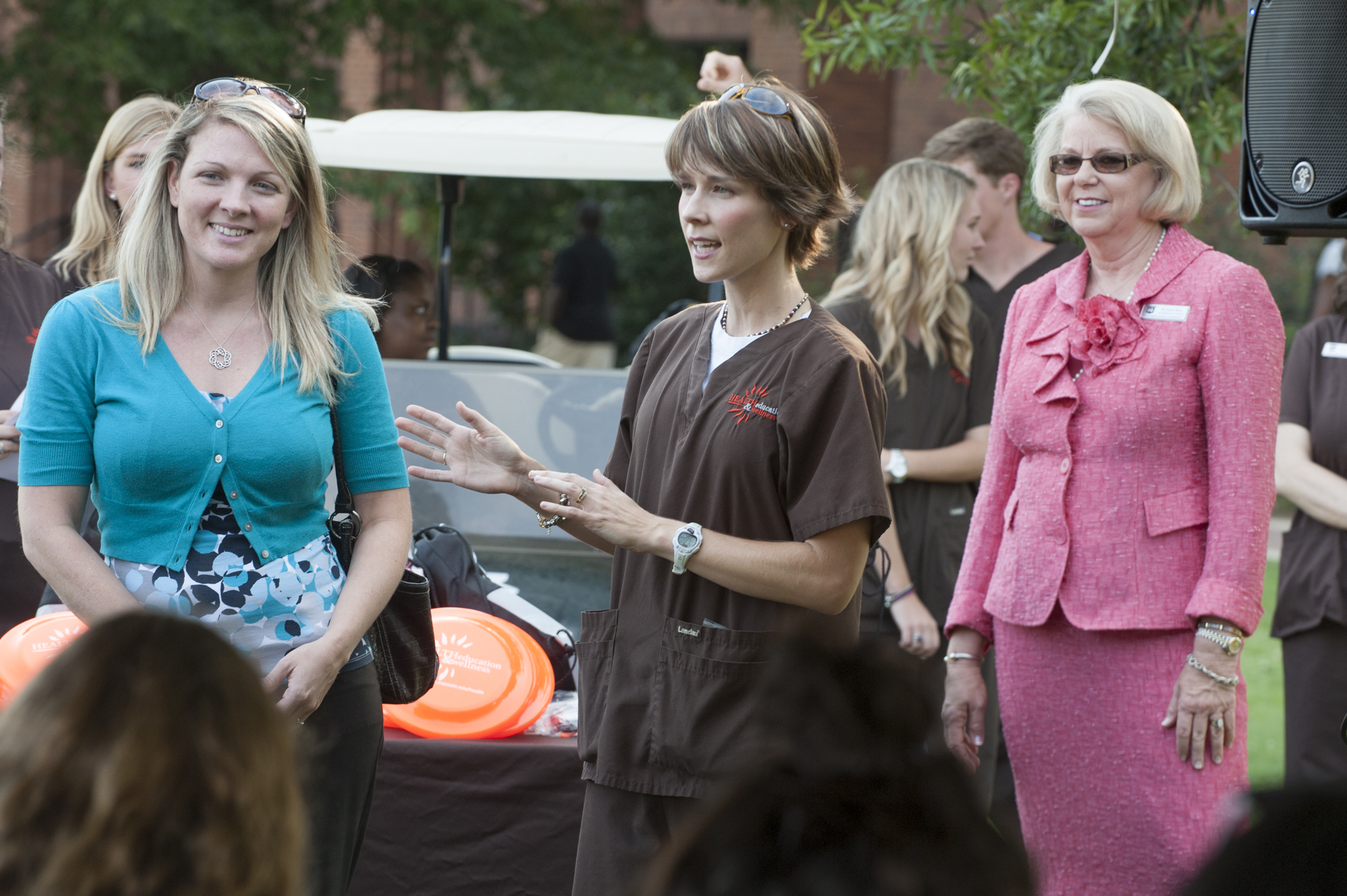 Dietitian Mandy Conrad, center, was part of the "MSU on the Move" celebration Monday on campus. She is praising efforts by Kelly Atwood, left, to increase healthy activities among her MSU Career Center colleagues. Joining them is Joyce Yates, director of the campus health education and wellness department.