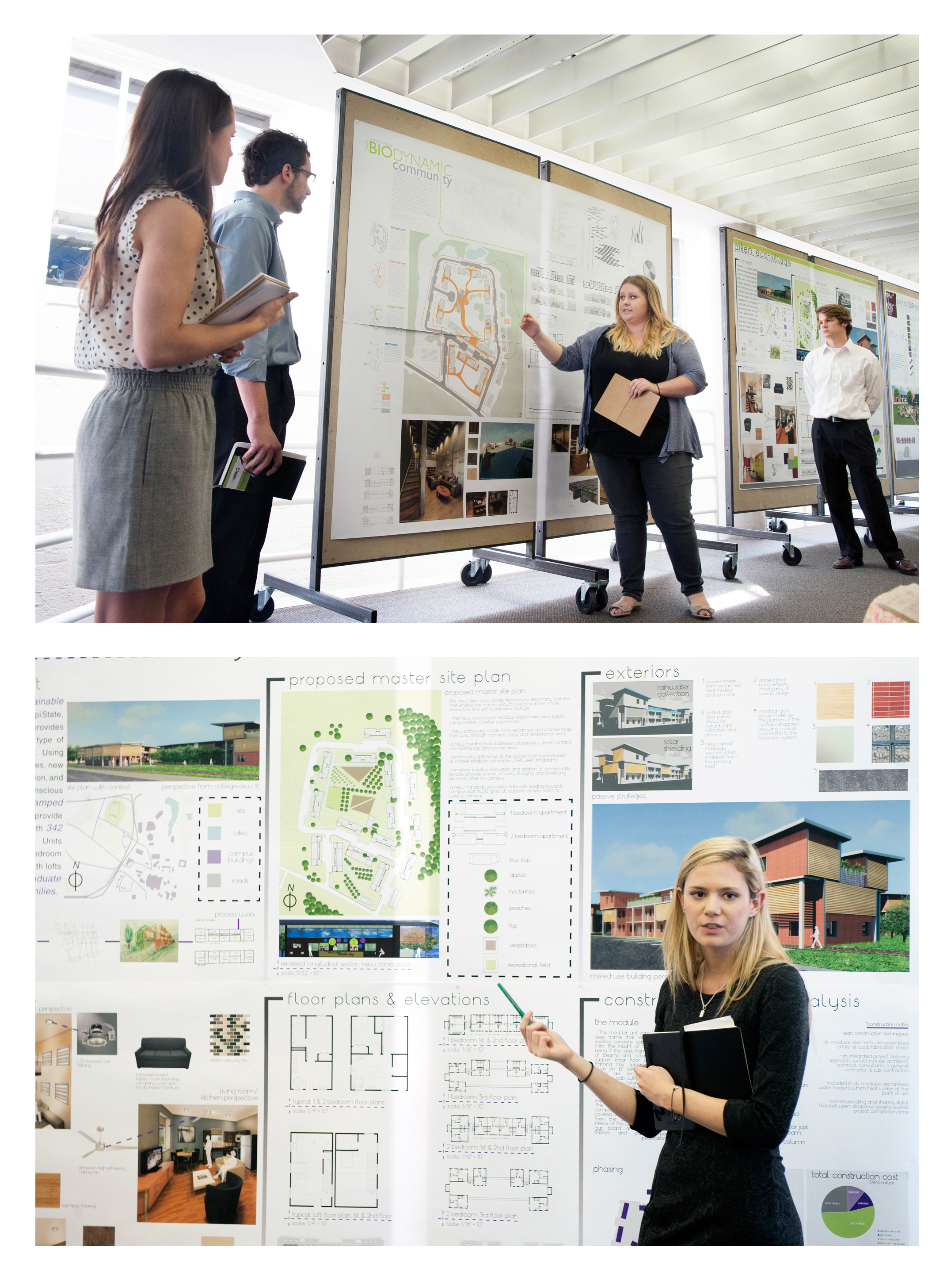 TOP: MSU junior architecture student Haley Whiteman, center, explains why her team's renovation design for the Aiken Village Family Housing complex should win the College of Art, Architecture and Design's annual Brasfield & Gorrie Student Design Competition. The team, including interior design's Meg Jackson and architecture's John Taylor Schaffhauser, left, and building construction science's Mark Simpson, won first place and $1,000.<br /><br />
BOTTOM: Katherine Ernst, MSU junior architecture student, shows off the details of her team's design to turn Aiken Village Family Housing complex into an eco-village. Her team won third place in the annual Brasfield & Gorrie Student Design Competition and $400.<br /><br />
