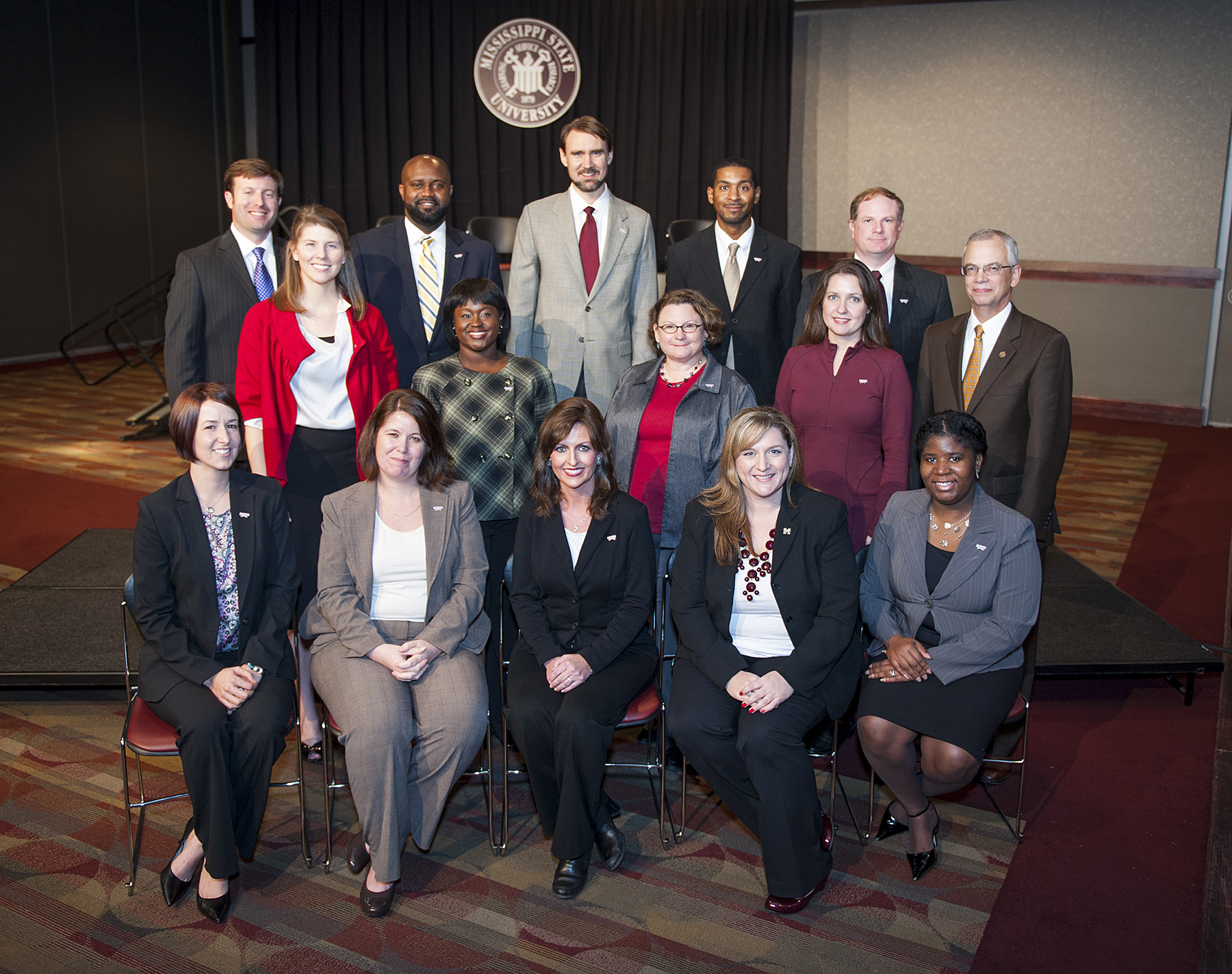 Provost and Executive Vice President Jerry Gilbert (middle row, right) joined LEAP 2012 class members Erin Kiess (front, l-r), Tina Cunningham, Tammie McGarr, Sheri Pape and Ra'Sheda Forbes; Elizabeth Blaine (middle), Lisa Gooden-Hunley, Pat Drackett, Tyler Bryant and Gilbert; and Chad Thomas (back), Cedric Gathings, Patrik Nordin, Greg Hunley and Eddie Meek for a graduation ceremony in early December. 