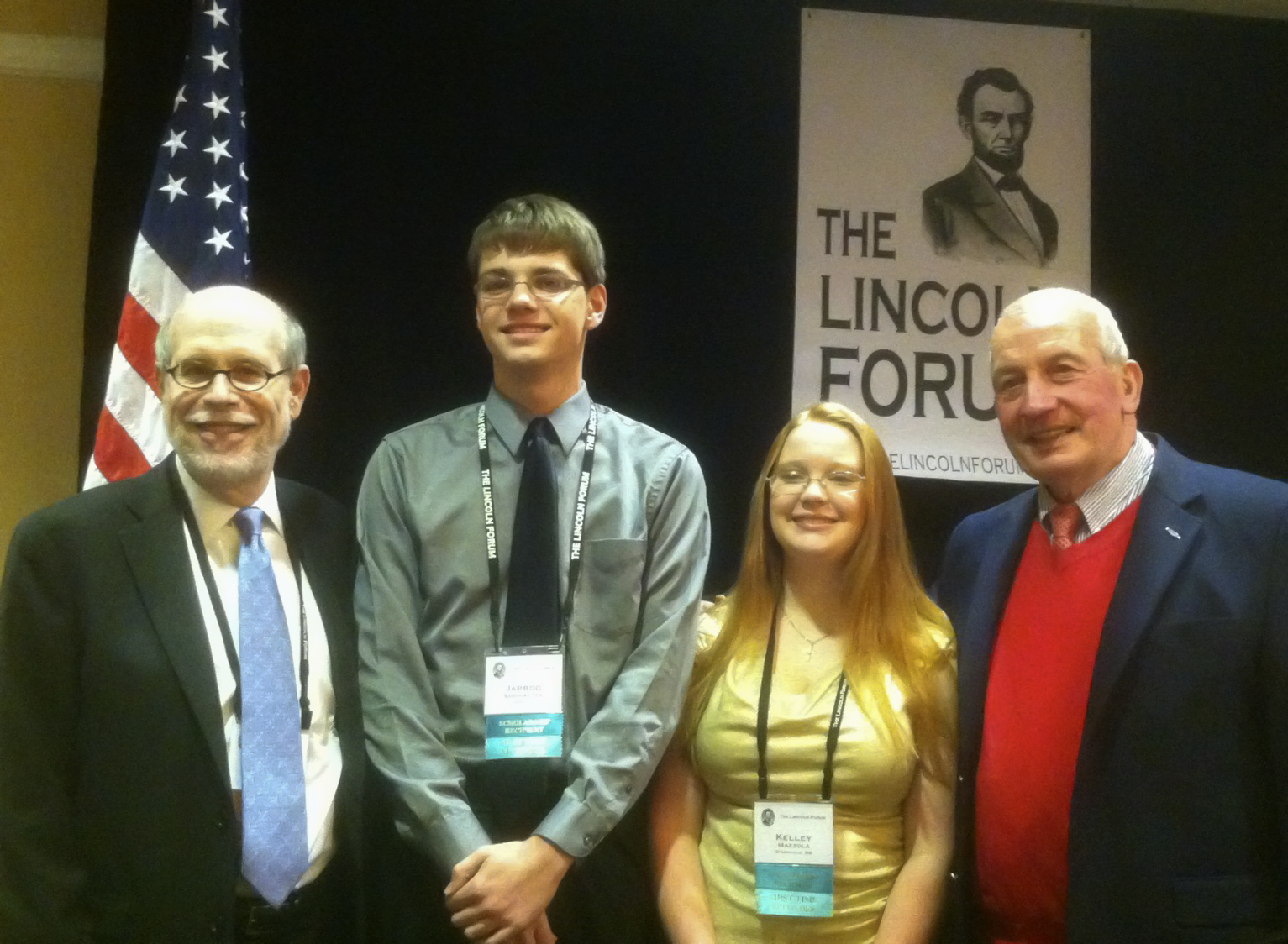 From left, Harold Holzer, Vice chairman of the Lincoln Forum; Jarrod Showalter, fellow student scholar; Starkville High School student scholar Kelley Mazzola; and Frank J. Williams, chairman of the Lincoln Forum during the annual meeting in Gettysburg, Pa.<br /><br />
