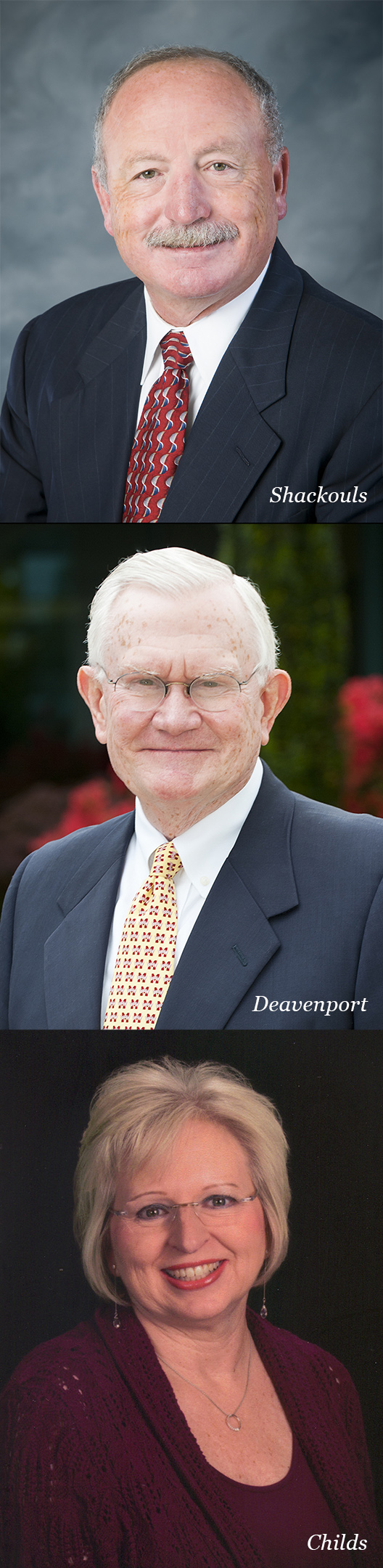 The MSU Foundation's incoming officers are, from top, Bobby S. Shackouls, president; Earnest W. "Earnie" Deavenport, vice president; and Mary M. Childs, treasurer.<br /><br />
