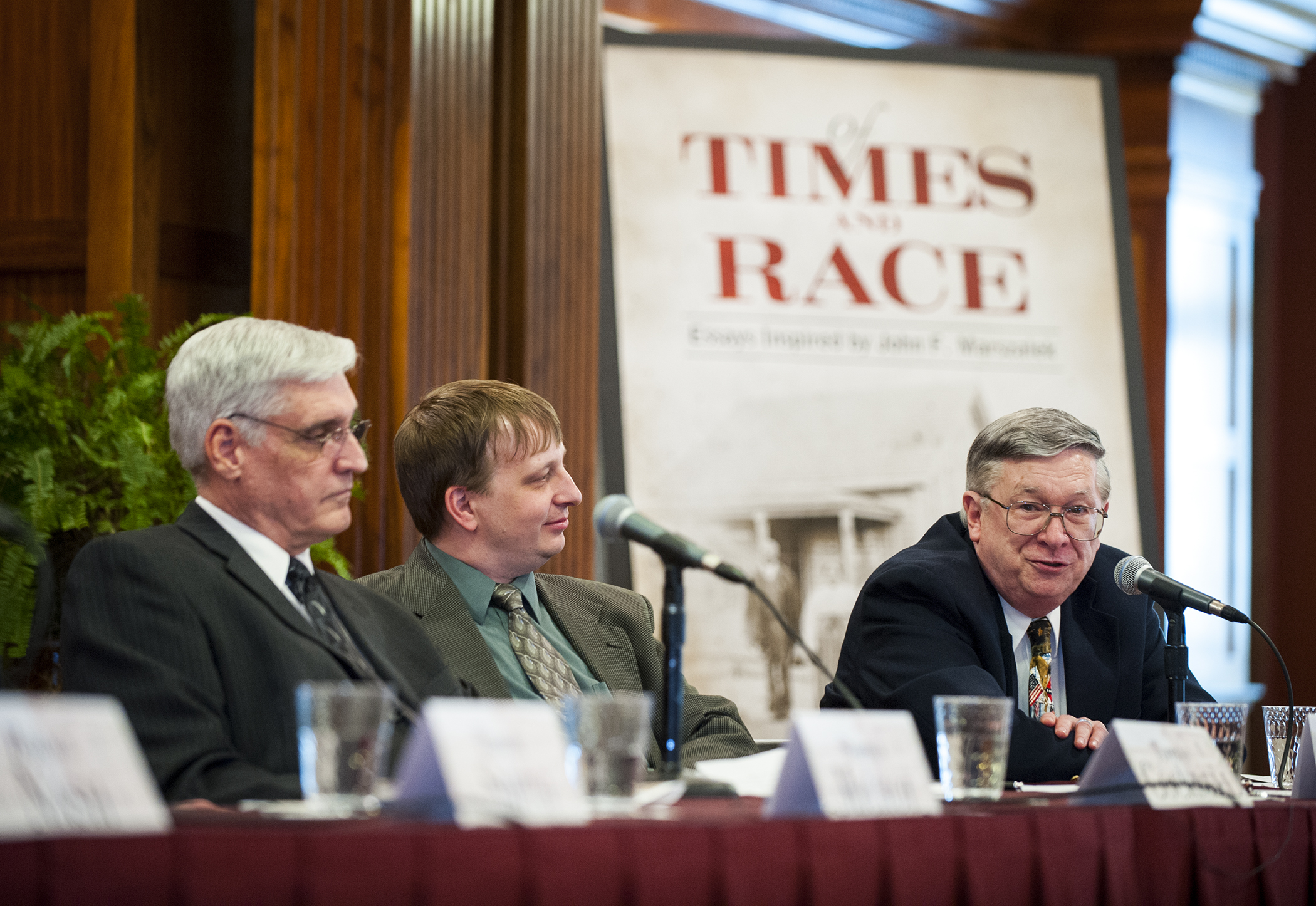 Retired Mississippi State archivist Michael B. Ballard, right, was among alumni paying tribute last week to university historian emeritus John F. Marszalek. Also speaking were, among others, Thomas D. Cockrell, left, and Mark R. Cheathem.