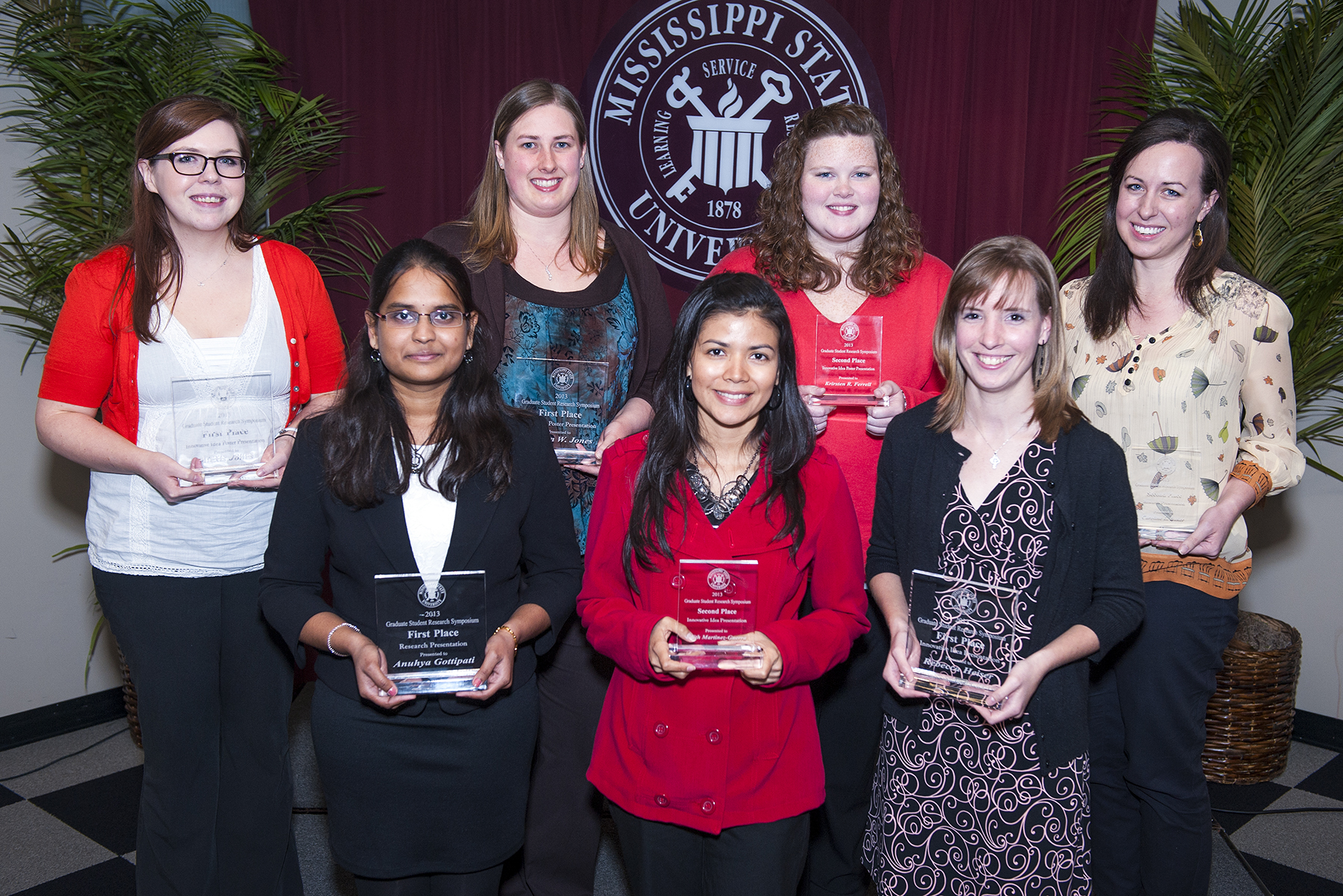 Winners of the 2013 MSU Graduate Student Research Symposium include, from left, Alexis Jones, Anuhya Gottipati, Lauren Jones, Edith Martinez-Guerra, Kristen R. Ferrell, Rebecca Heiser and Caroline Baker. Brandi N. Durr and Sarah Wimbish are not pictured.