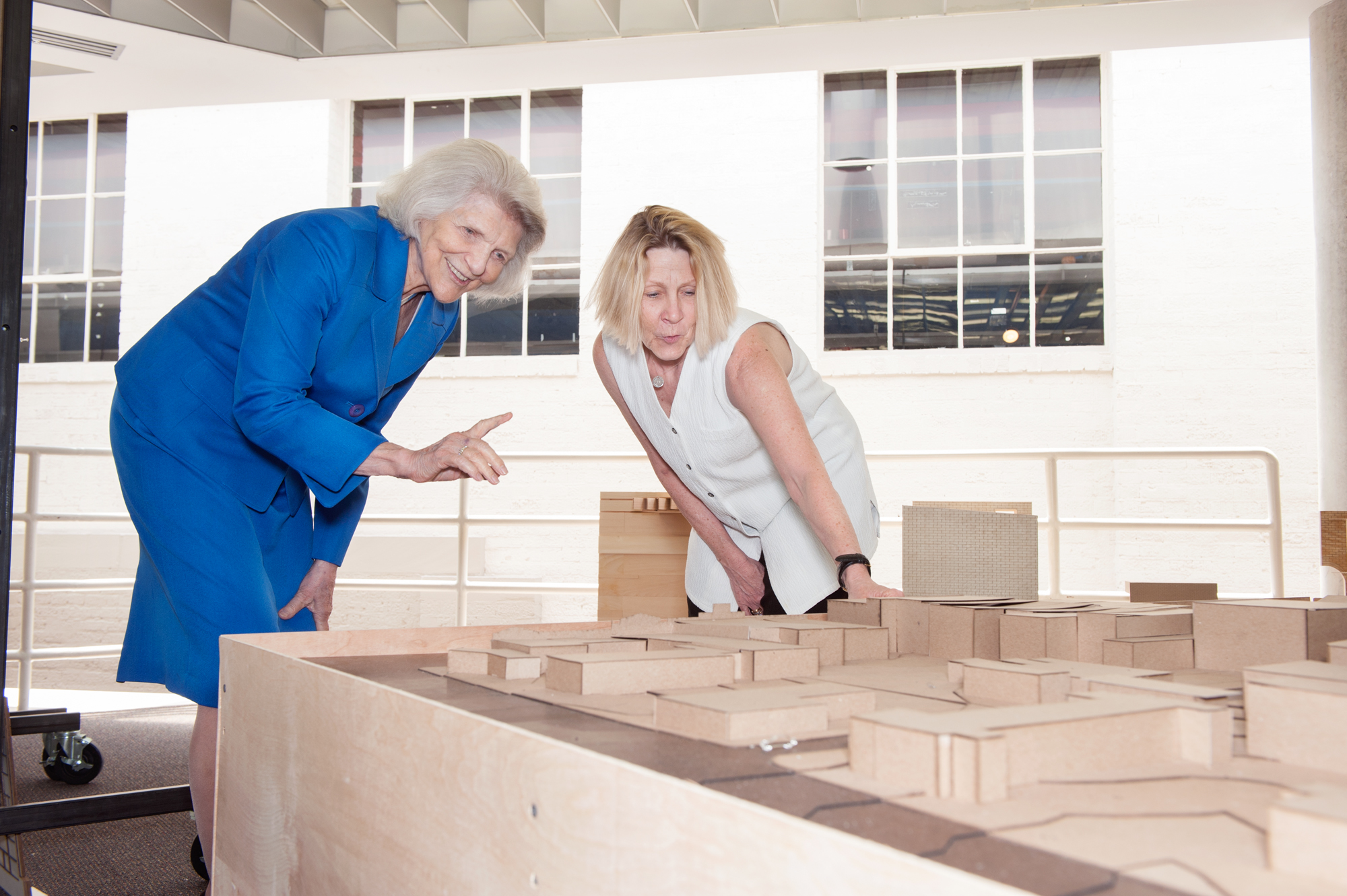 Harriet Mayor Fulbright, left, offered the endowed Dr. William L. and Jean Giles Memorial Lecture at Mississippi State University on Friday. The president of the J. William & Harriet Fulbright Center, Fulbright looks at a model with Jane Britt Greenwood, MSU Fulbright faculty and representative associate professor of architecture.