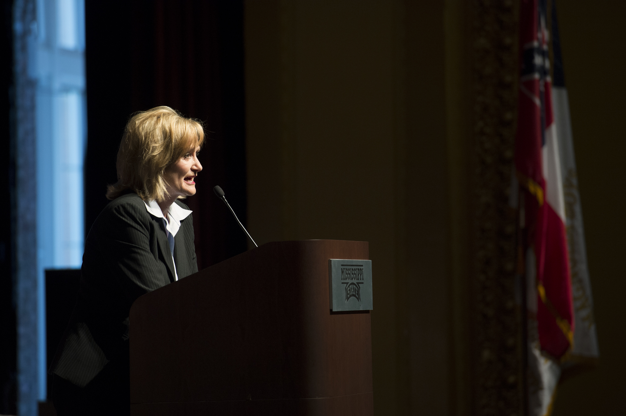 Mississippi's Commissioner of Agriculture Cindy Hyde-Smith speaks to Boys State 2013 participants in Lee Hall's Bettersworth Auditorium.