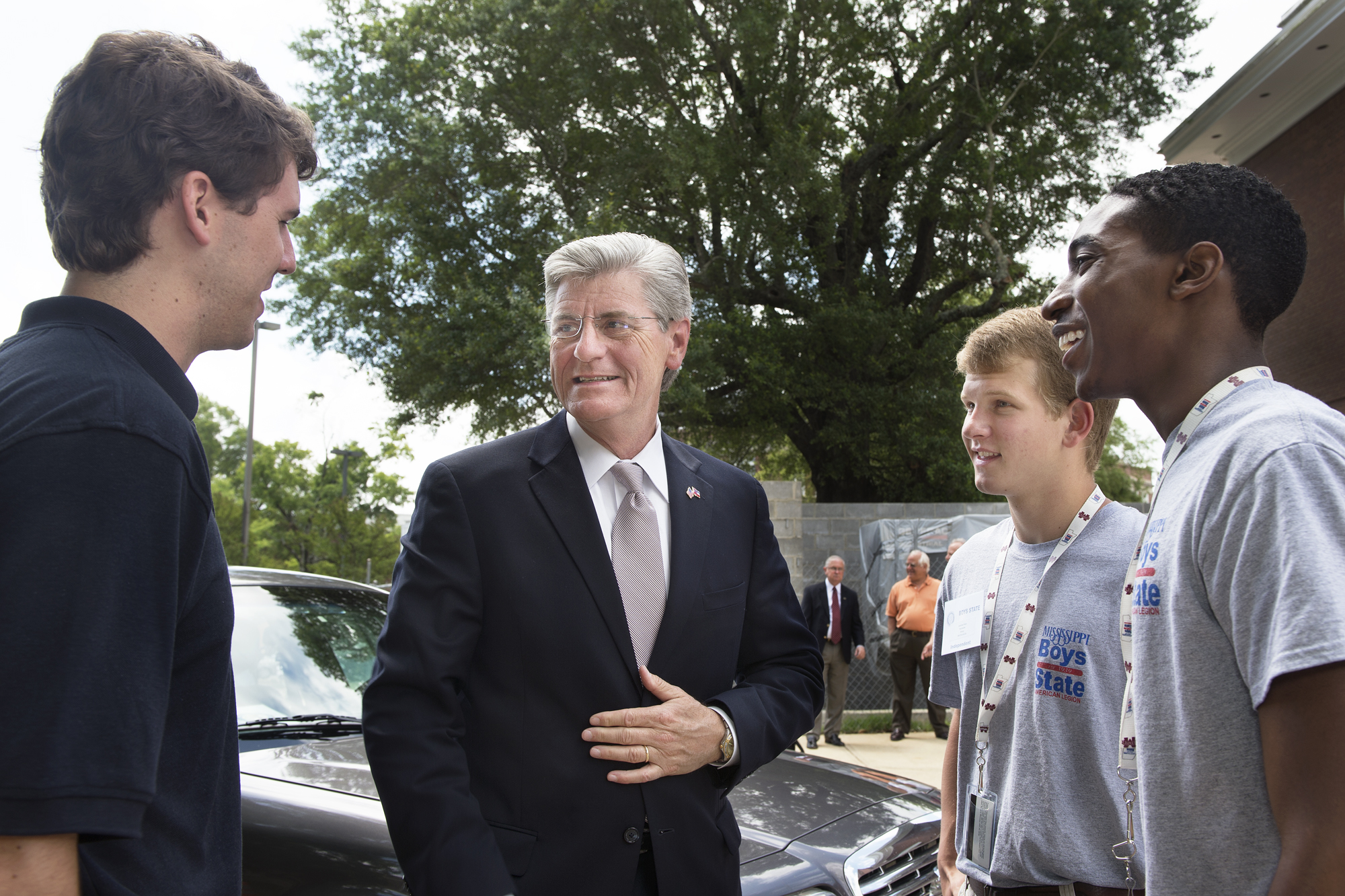 Prior to his speech to the 2013 Mississippi American Legion Boys State program on the campus of Mississippi State University, Gov. Phil Bryant, second from left, met with Boys State executive director Neal Boone, left, and Boys State gubernatorial candidates Drew Roye of Ponotoc, second from right, and Malik Pridgeon of Horn Lake, right.<br /><br />
