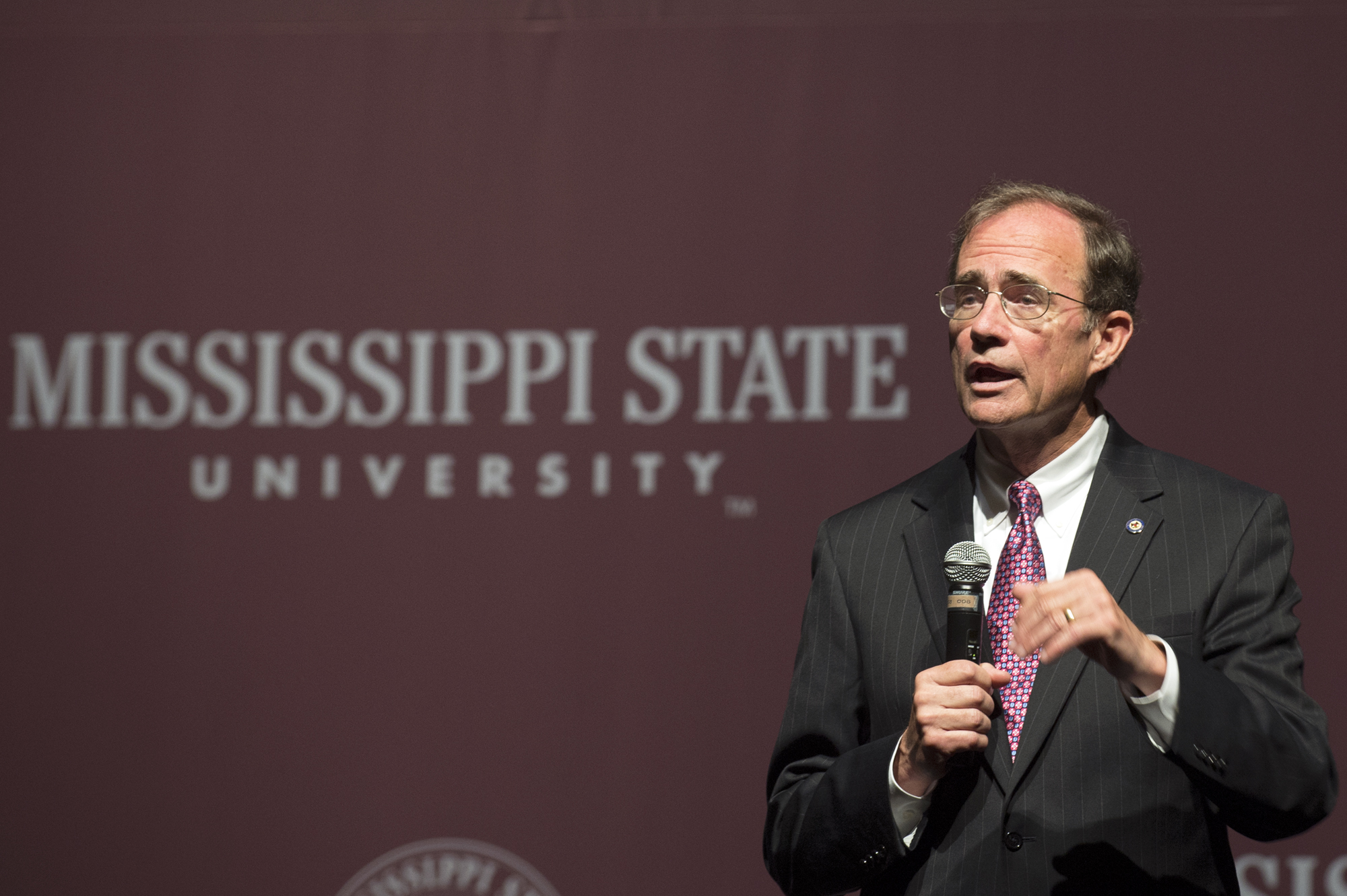 Mississippi Secretary of State Delbert Hosemann tells Boys State delegates about his office and his own day-to-day responsibilities during his presentation at Mississippi State University.