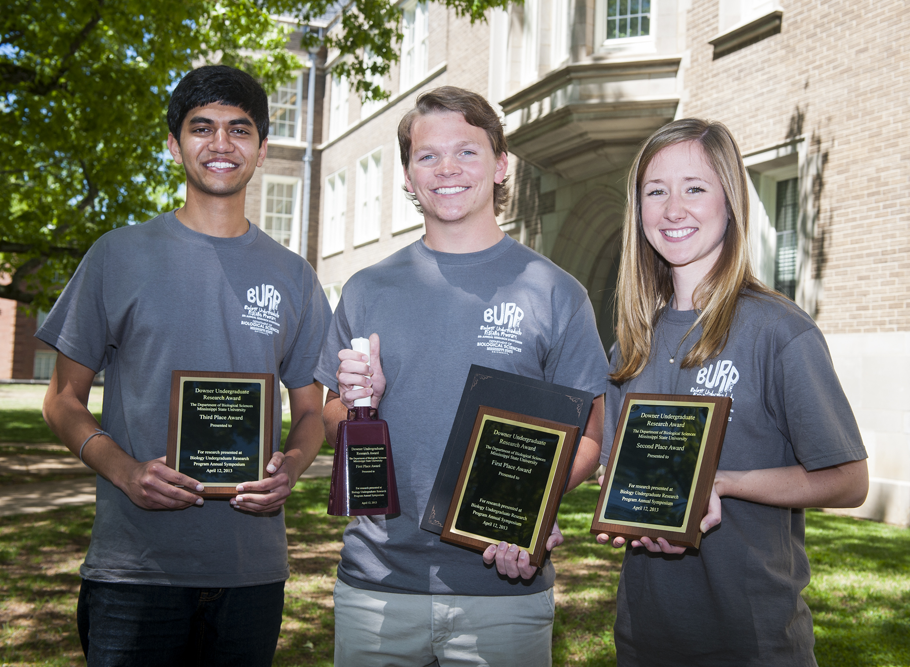 The top three presentations at Mississippi State University's 2013 Biology Undergraduate Research Program Symposium received Downer Undergraduate Research Awards. They include (l-r) Rushil Randive of Greenwood, third-place; Connor Denison of Collierville, Tenn., first place; and Kelly Callahan of Cordova, Tenn., second place.