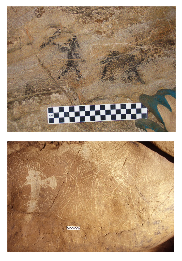 Top, a 6,000-year-old charcoal pictograph is the oldest dated cave art in Tennessee and one of the oldest in the nation; bottom, prehistoric Mississippian period petroglyph (A.D. 900-1600) featuring a bird-human transformation, center, with weapons on either side.<br /><br />
