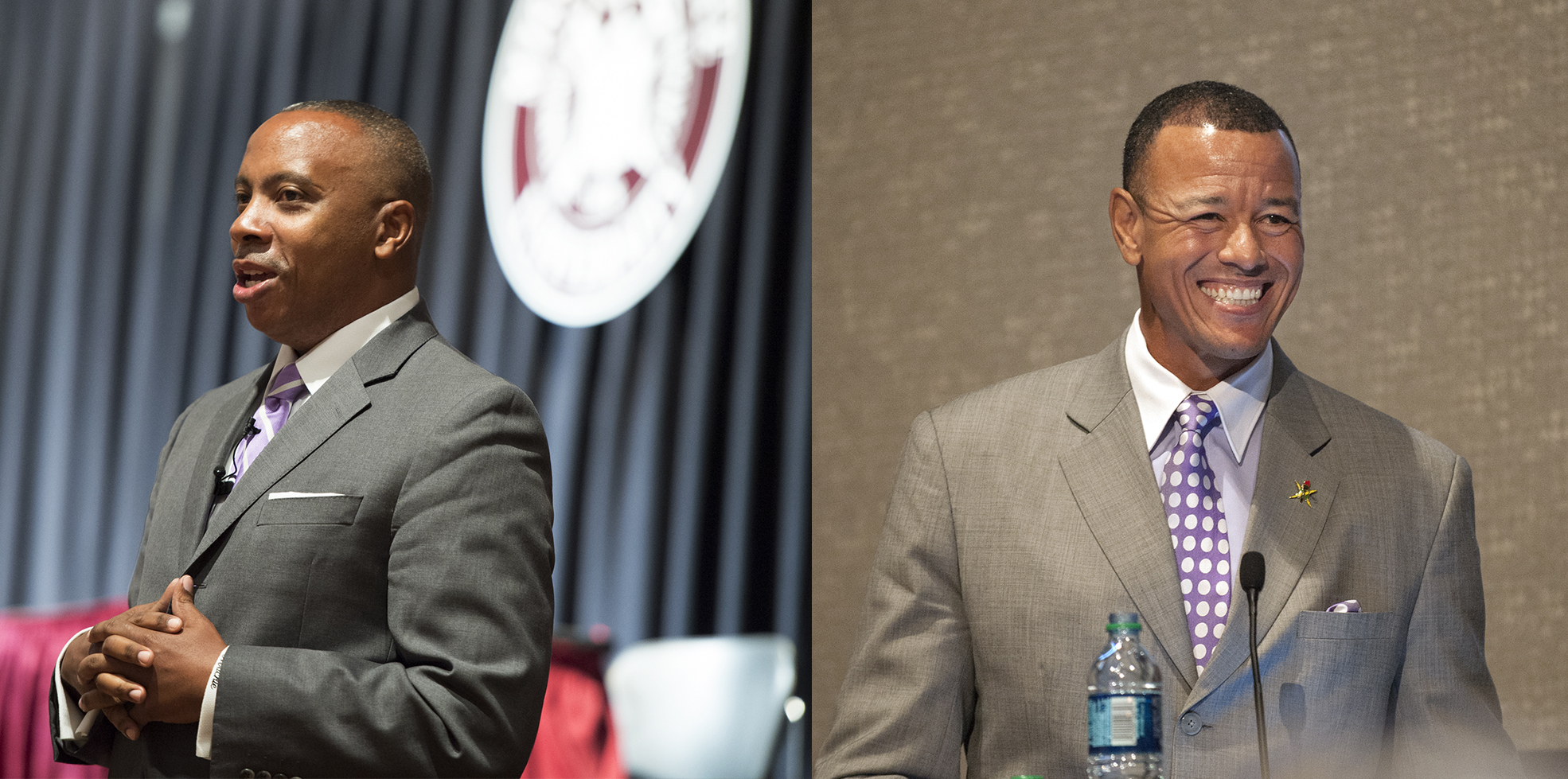 The 2013 Men of Color Summit at Mississippi State University featured numerous African-American leaders sharing their secrets of success. Keynote speakers included author and entrepreneur Calvin Mackie, left, and Executive Director of the National Society of Black Engineers Carl Mack.