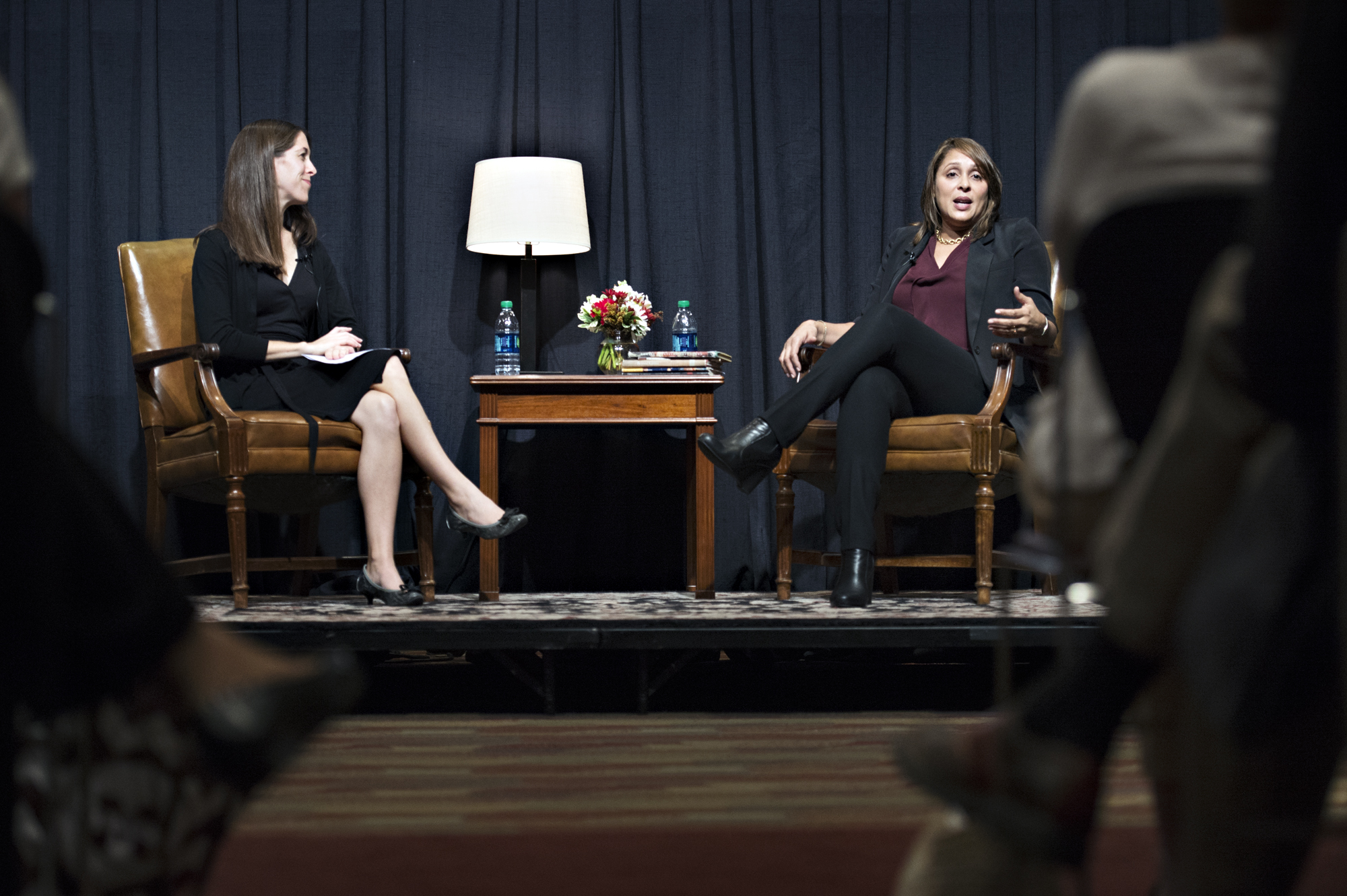 U.S. Poet Laureate Natasha Trethewey, right, answers students' questions during her Mississippi State visit on Tuesday. Catherine Pierce, associate professor of English and co-director of the university's creative writing program, moderates the session.