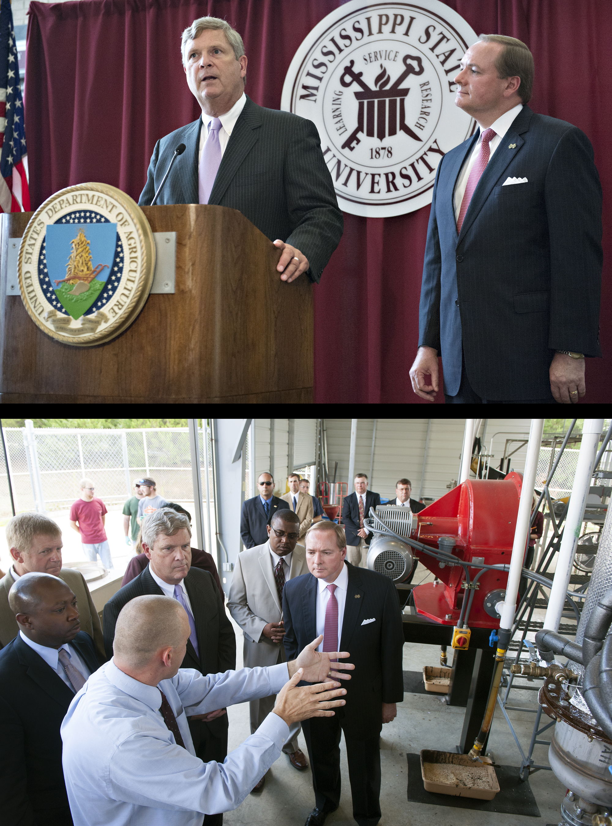 PHOTO #1: Secretary of Agriculture Tom Vilsack, left, toured several U.S. Department of Agriculture research projects being conducted on the Starkville campus of Mississippi State University on Wednesday [Sept. 25] and joined MSU President Mark E. Keenum for a press conference after the tour. Keenum is a former Under Secretary of Agriculture. Vilsack also met with a group of students from the Division of Agriculture, Forestry and Veterinary Medicine during his MSU visit.</p><br />
<p>PHOTO #2: Rubin Shmulsky, a researcher in MSU's Forest Products Lab, demonstrated a process that transforms biomass such as pine chips into fuel.