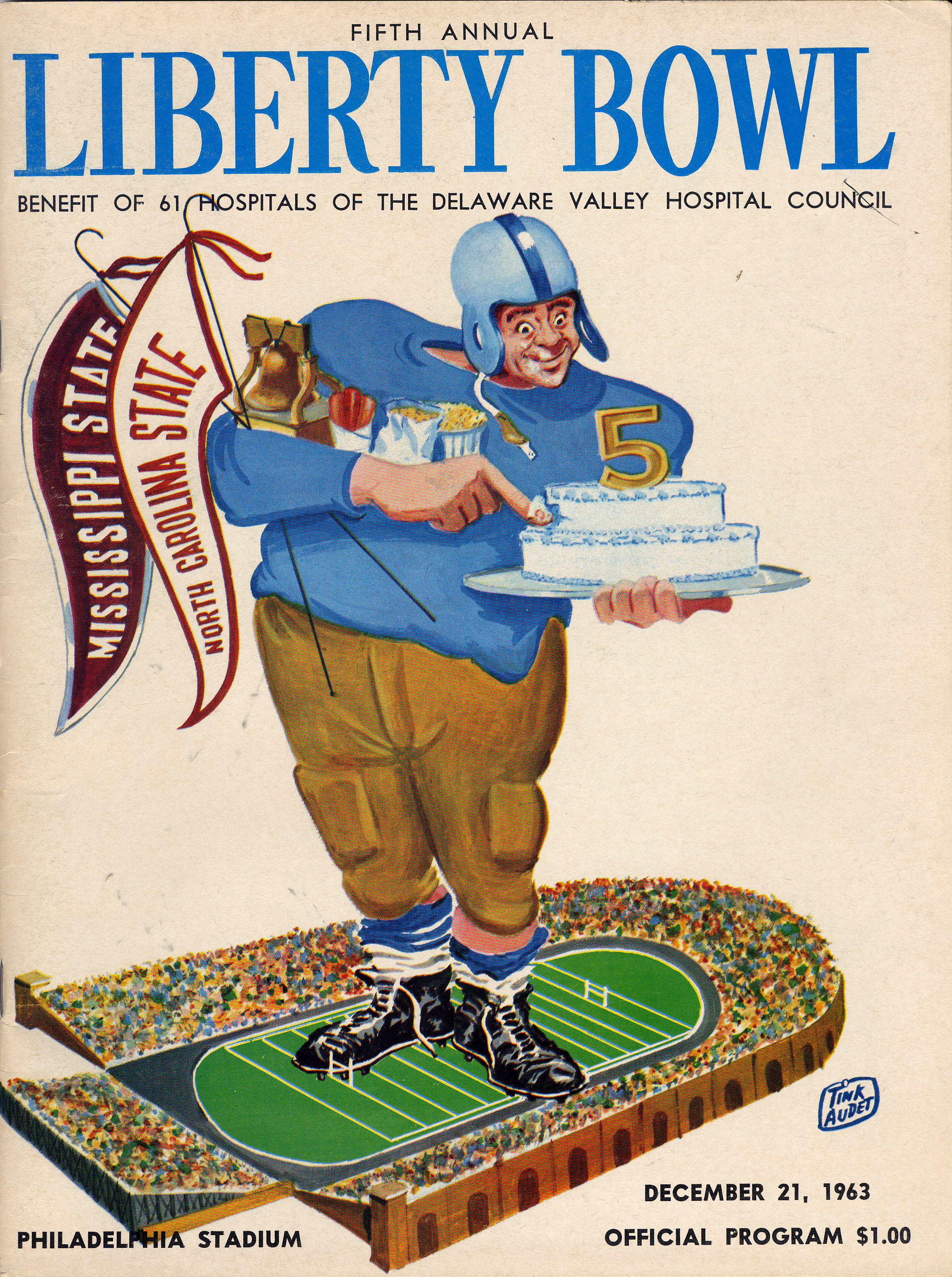 The original 1963 Liberty Bowl program cover, featuring Mississippi State University and North Carolina State University. MSU won the matchup, 16-12.