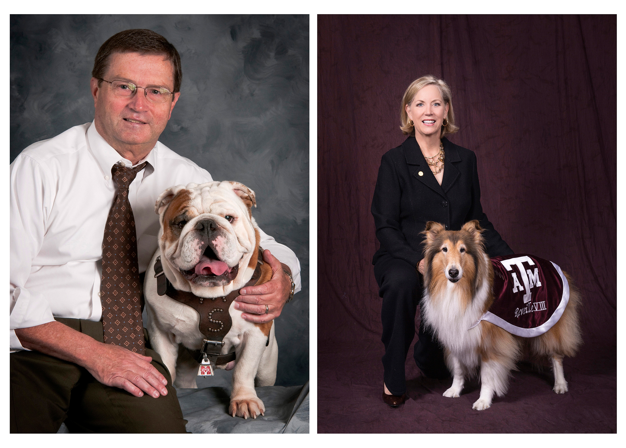 Dr. Kent Hoblet, Dean of the Mississippi State University College of Veterinary Medicine poses with Champ, also known as Bully XX.<br /><br />
Dr. Eleanor M. Green, Carl B. King Dean of Veterinary Medicine at Texas A&M University poses with Reveille, the mascot for the Texas A&M Aggies.<br /><br />
