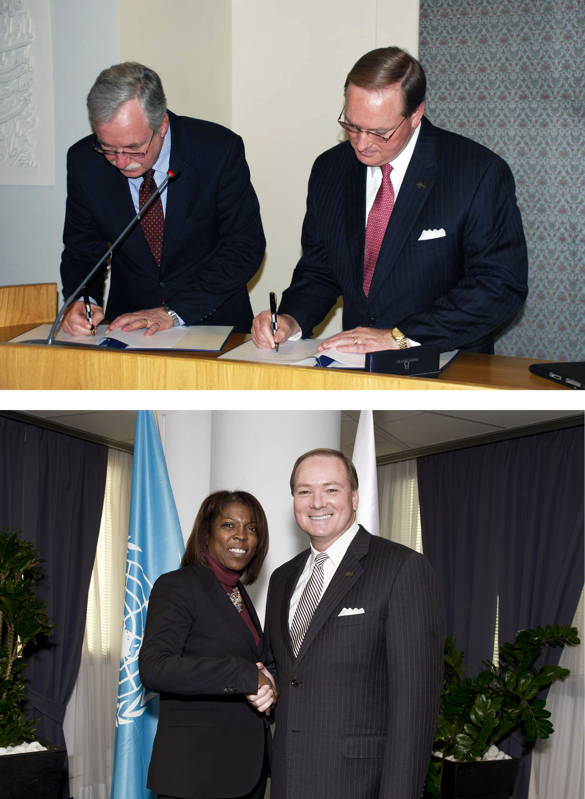 TOP: MSU President Mark E. Keenum, right, and the United Nation's Food and Agriculture Organization Deputy Director General Daniel Gustafson signed a memorandum of understanding Wednesday [Jan. 8] that expands a 2010 agreement for collaborations addressing aquatic animal health, disease prevention and emergency diagnostics. The agreement also recognizes MSU as a Center for Knowledge for Aquatic Health. Keenum led an MSU delegation this week to Rome that included university administrators involved in the partnership. (FAO Photo by Indro Soesilo)</p><br />
<p><br/><br/><br /><br />
BOTTOM: During a five-day mission to Rome with top Mississippi State University academic officers, MSU President Mark E. Keenum, right, met with United Nations World Food Program (WFP) executive director Ertharin Cousin. Part of the United Nations System, the WFP has a special mission of responding to civil conflict, natural disasters and other emergency situations. It is the world's largest humanitarian agency fighting worldwide hunger. Since 2010, MSU has partnered with WFP on issues related to food safety and nutrition. (WFP Photo by Justin Smith)