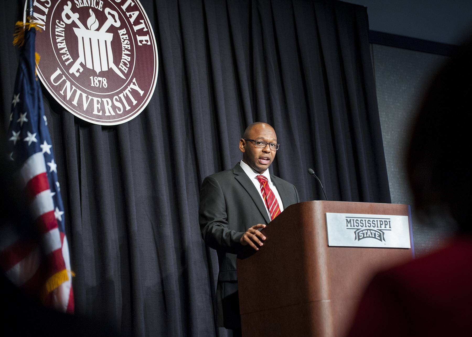 Donald M. "Field" Brown, left, Mississippi State's 2014 Rhodes Scholar, spoke Monday [Jan. 20] to more than 400 at the university's annual Martin Luther King, Jr. Unity Breakfast. The senior from Vicksburg, who leaves for the University of Oxford after his May graduation from MSU, told the audience to "truly look to King and his message so that the security of justice and riches of freedom become an actual reality."<br /><br /><br />
