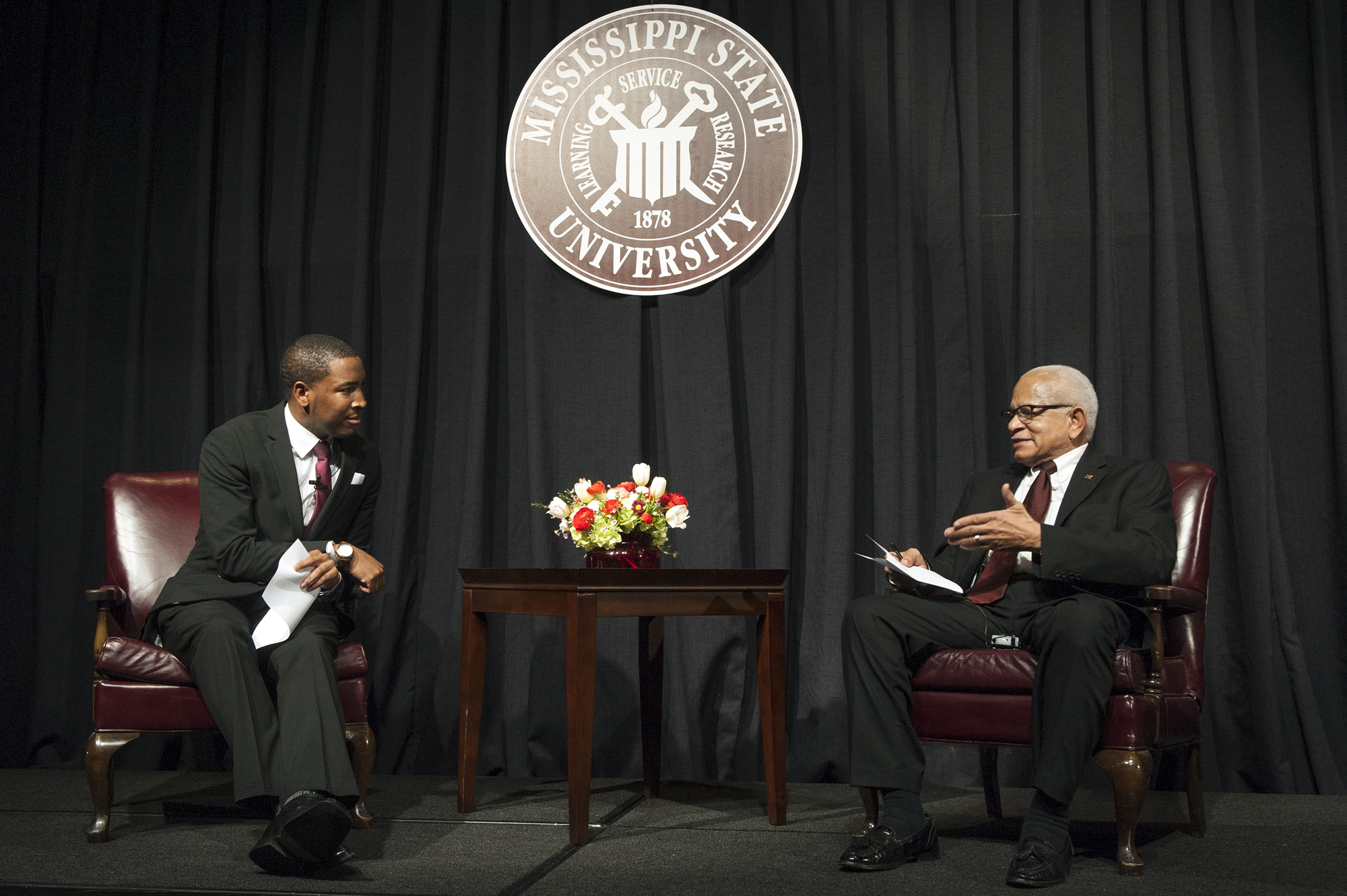 Mississippi State biochemistry major Jarell L. Colston, left, talked with Dr. Richard E. Holmes about his experiences as the university's first African-American student.