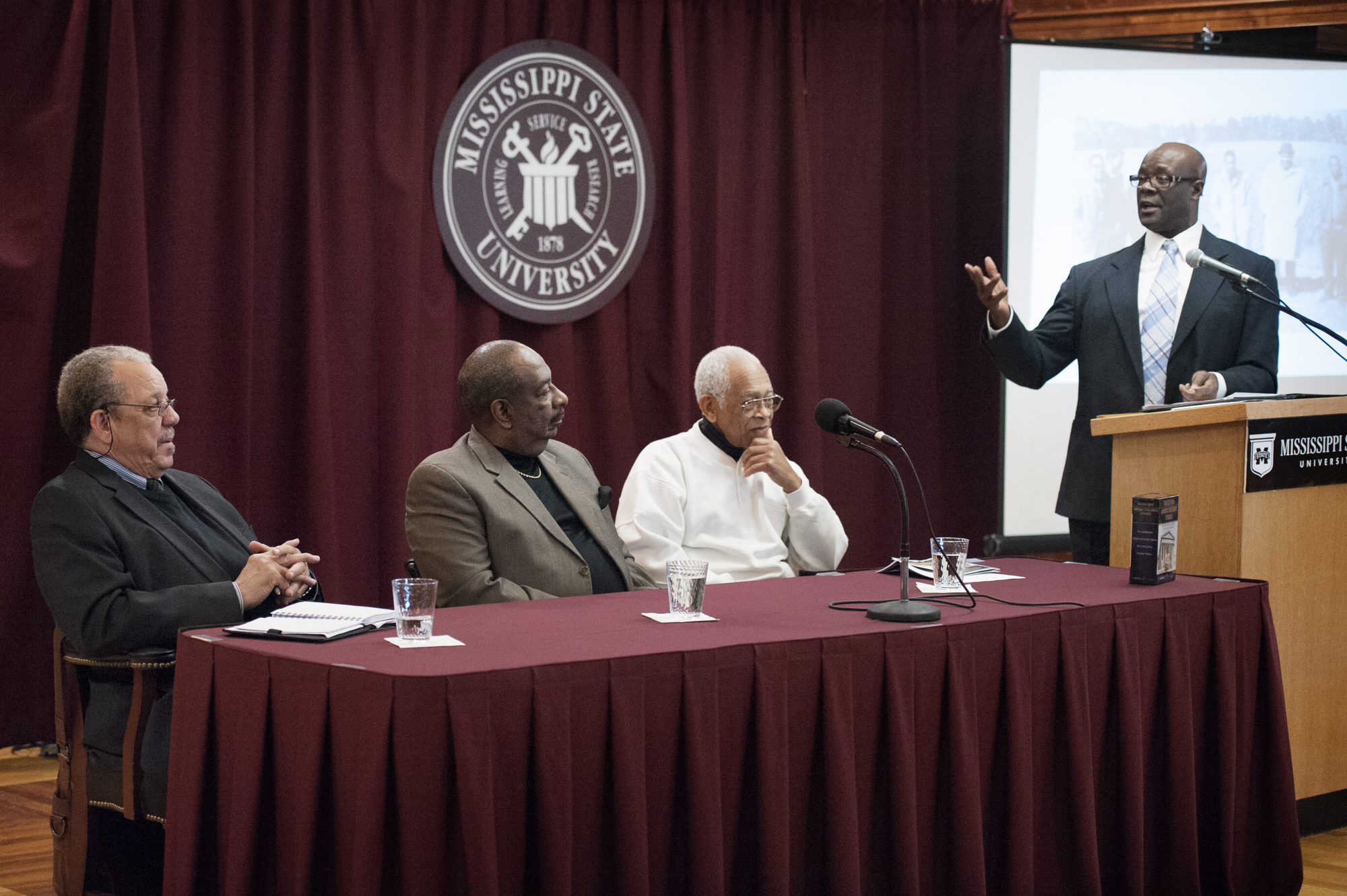 Freedom Riders, from left, Dave Dennis, Hezekiah Watkins and Hollis Watkins considered a question Thursday posed by Stephen Middleton, director of African-American Studies at Mississippi State. The three visited the university as part of the university's Black History Month observance recognizing the 50th anniversary of the first Freedom Ride.