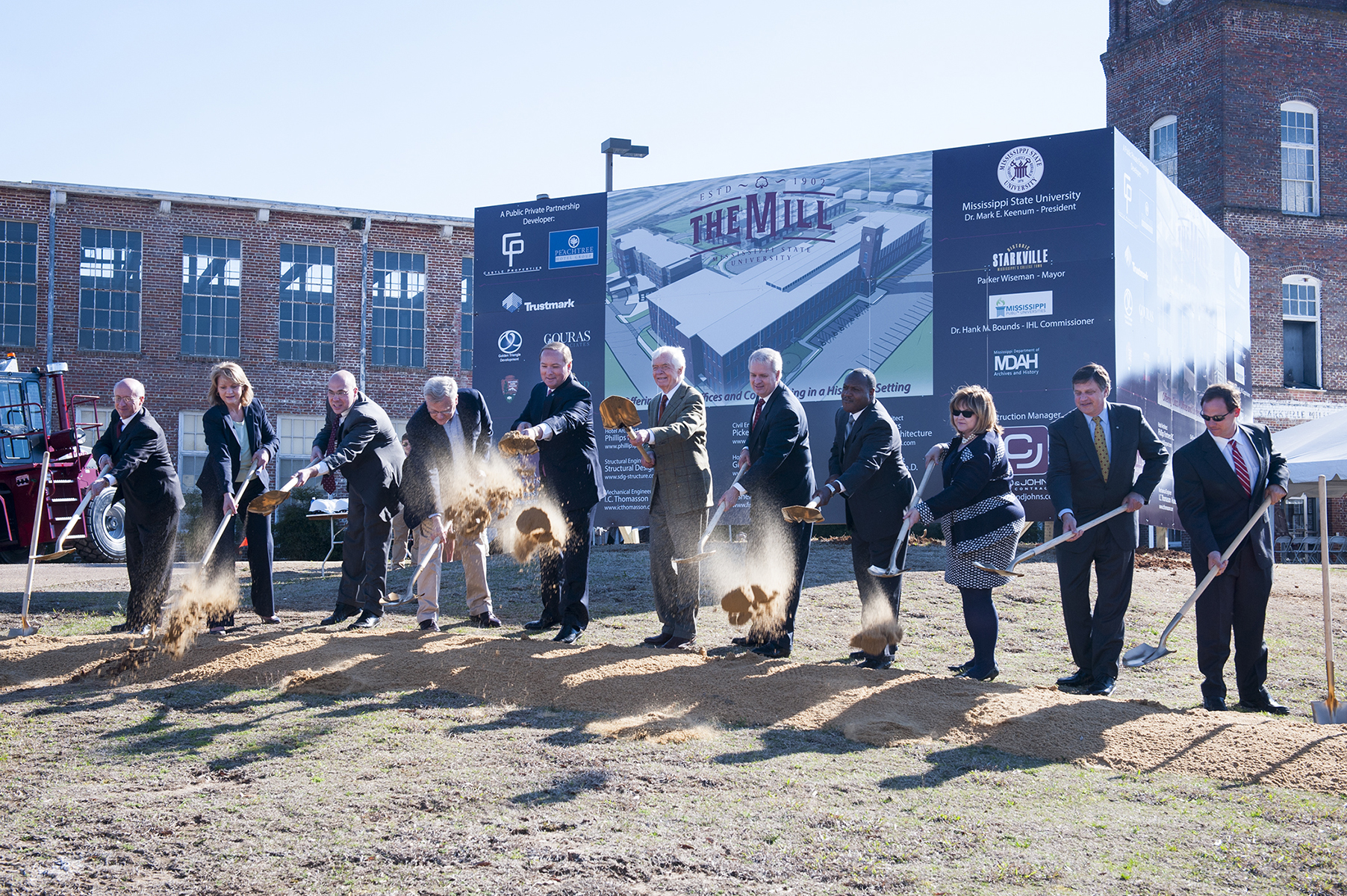 Public and private partners celebrated the official groundbreaking of The Mill at Mississippi State University on Thursday. The $40-million mixed-use development at the corner of Russell Street and Highway 12 in Starkville is slated for completion in fall 2015.<br /><br />
