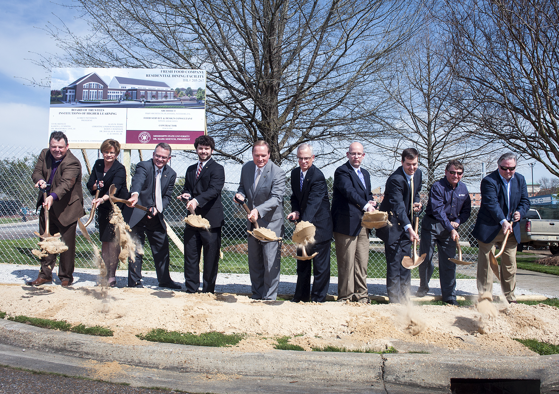 Celebrating the official groundbreaking of the Fresh Food Company residential dining facility at Mississippi State University on Thursday were (from left to right): Jason Nall, executive director, MSU Dining Services (ARAMARK); Amy Tuck, MSU vice president for campus services; Bill Kibler, MSU vice president for student affairs; Brett Harris, MSU Student Association president; Mark E. Keenum, MSU president; Jerry Gilbert, MSU provost and executive vice president; Don Zant, MSU vice president for budget and planning; Brandon Jolly, MSU associate general counsel; Jerry Maxcy, executive vice president, JESCO, Inc.; and Bruce Wood, principal, JH&H Architects, Planners, Interiors, PA.