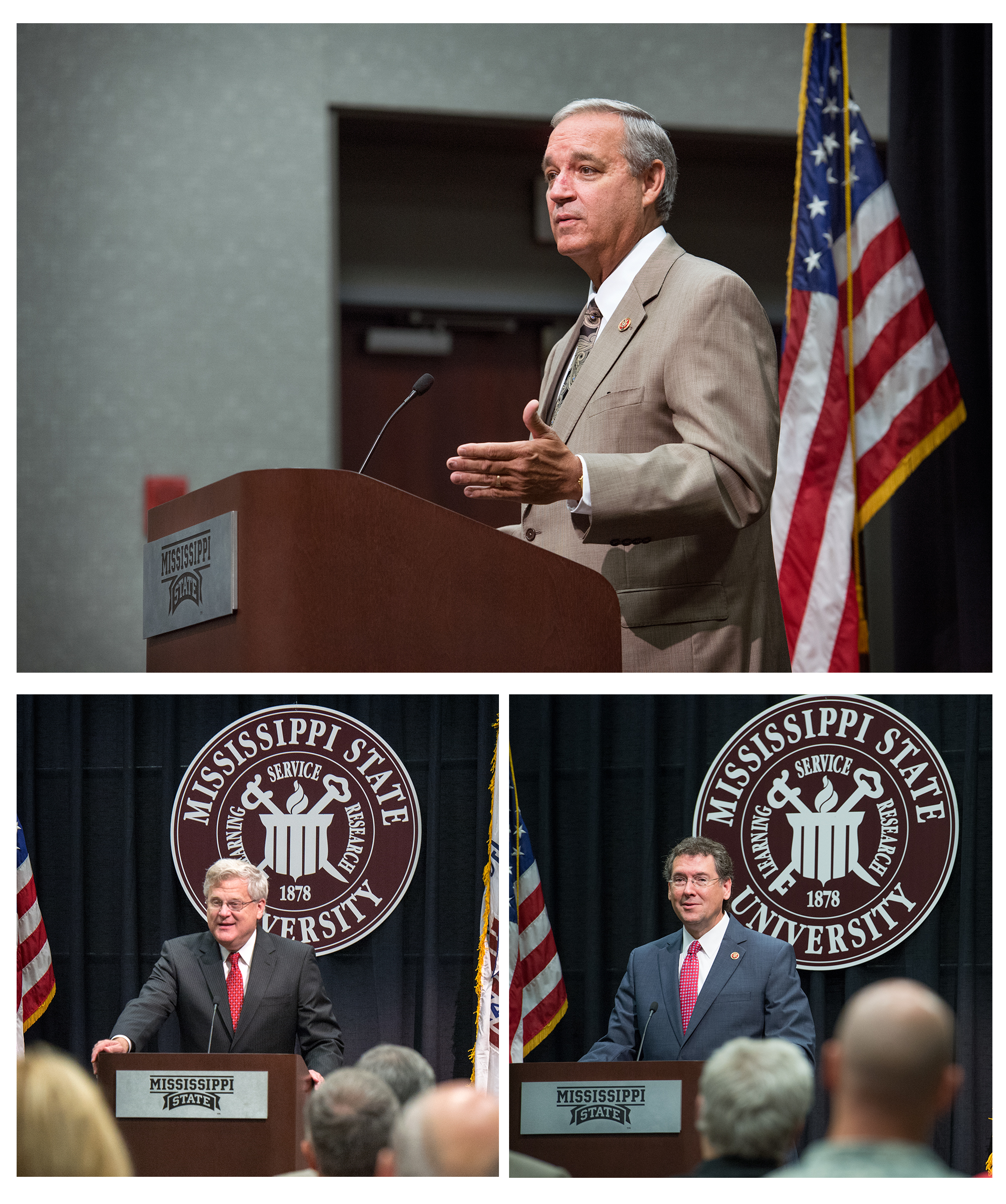 During a special morning meeting at Mississippi State University, U.S. Representative Jeff Miller of Florida, (top photo), who chairs the House Committee on Veterans' Affairs, addressed an audience at the Colvard Student Union. Also making remarks were U.S. Reps. Alan Nunnelee and Gregg Harper of Mississippi, (bottom photos, left and right, respectively).<br /><br />
 