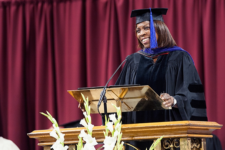 Ertharin Cousin, executive director of the United Nations World Food Programme, delivered Mississippi State's commencement addresses on Friday and Saturday. During her remarks, Cousin noted that her Saturday speech was being delivered on the 60th anniversary of the historic Brown v. Board of Education of Topeka school desegregation decision.