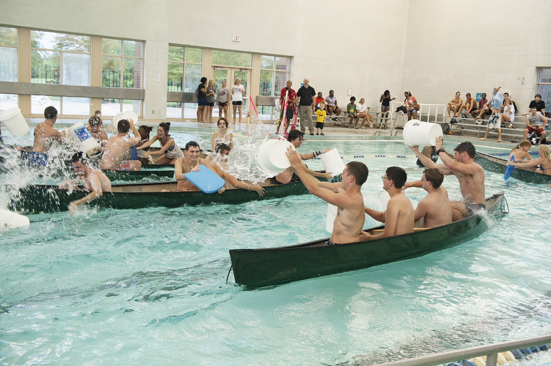 Mississippi State students get wet playing Battleship at the Sanderson Center during a Dawg Daze event. Dawg Daze features 17 days of programming aimed at welcoming incoming freshmen and transfer students.